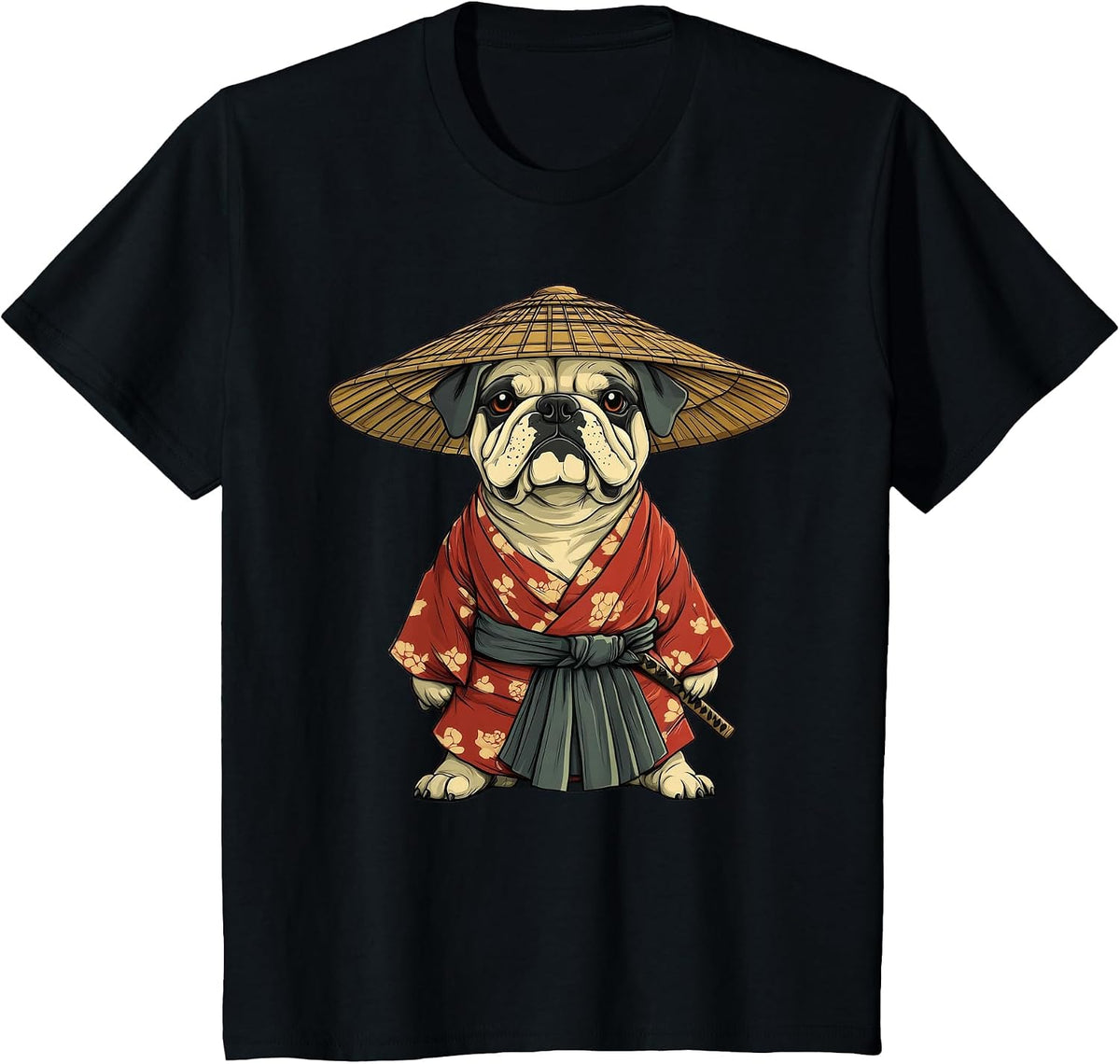 English Bulldog Dog Samurai Art T-Shirt - Black