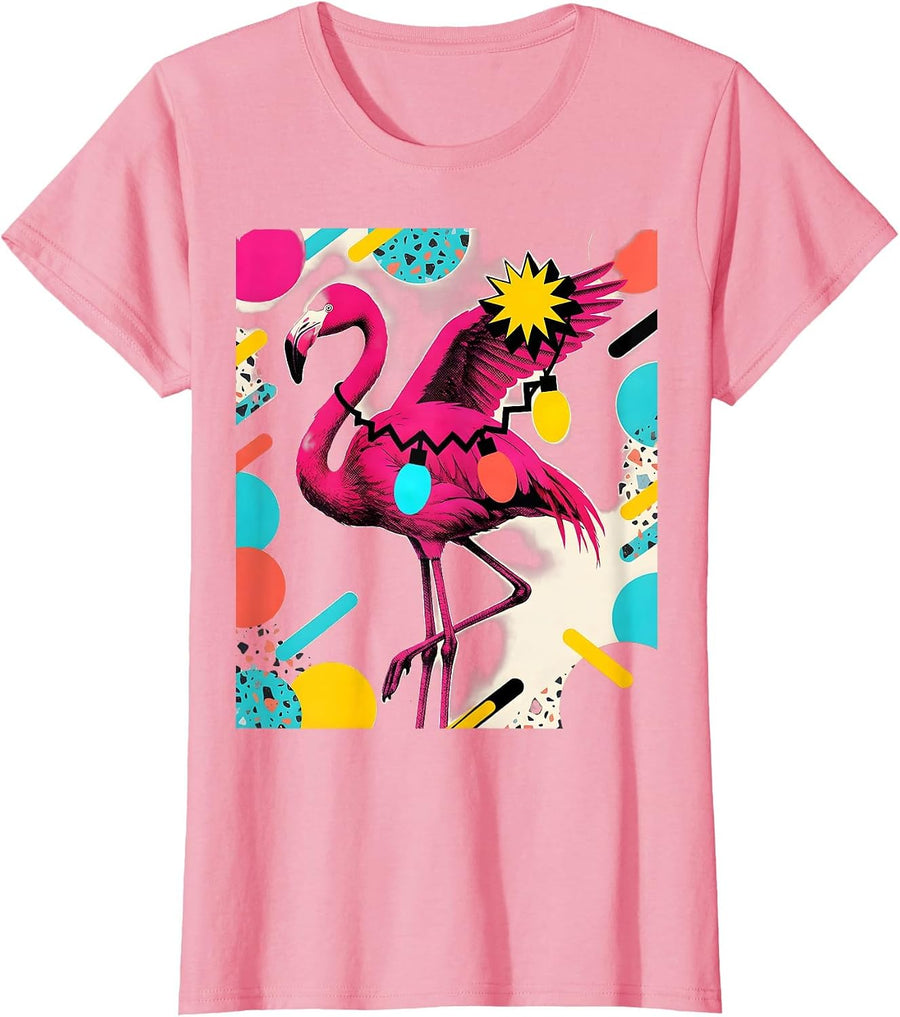 Women's Pink Flamingo Memphis Postmodern Christmas Holiday Novelty T-Shirt - Pink
