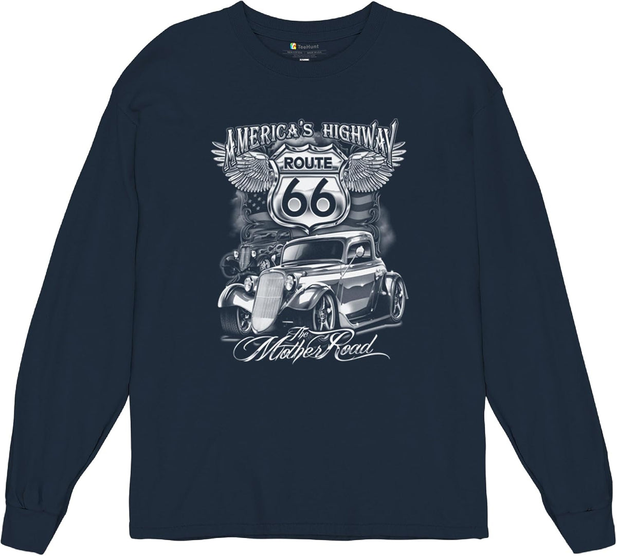 Route 66 America's Highway Long Sleeve Novelty T-Shirt Biker Classic Historic - Navy Blue