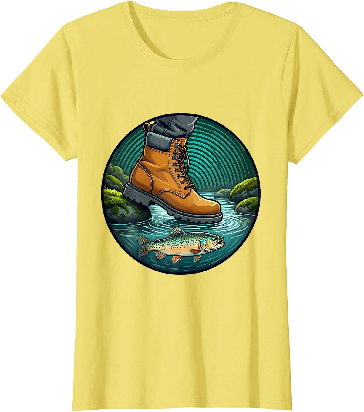 Rugged Stream Wading Trout Fishing Illustration T-Shirt - Lemon Yellow