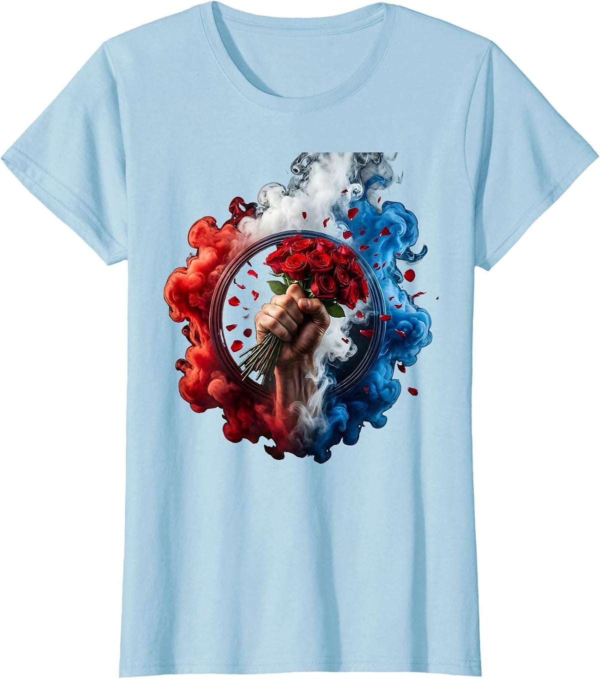 Women's Raised Fist Red Roses Patriotic Graphic Design T-Shirt - Baby Blue
