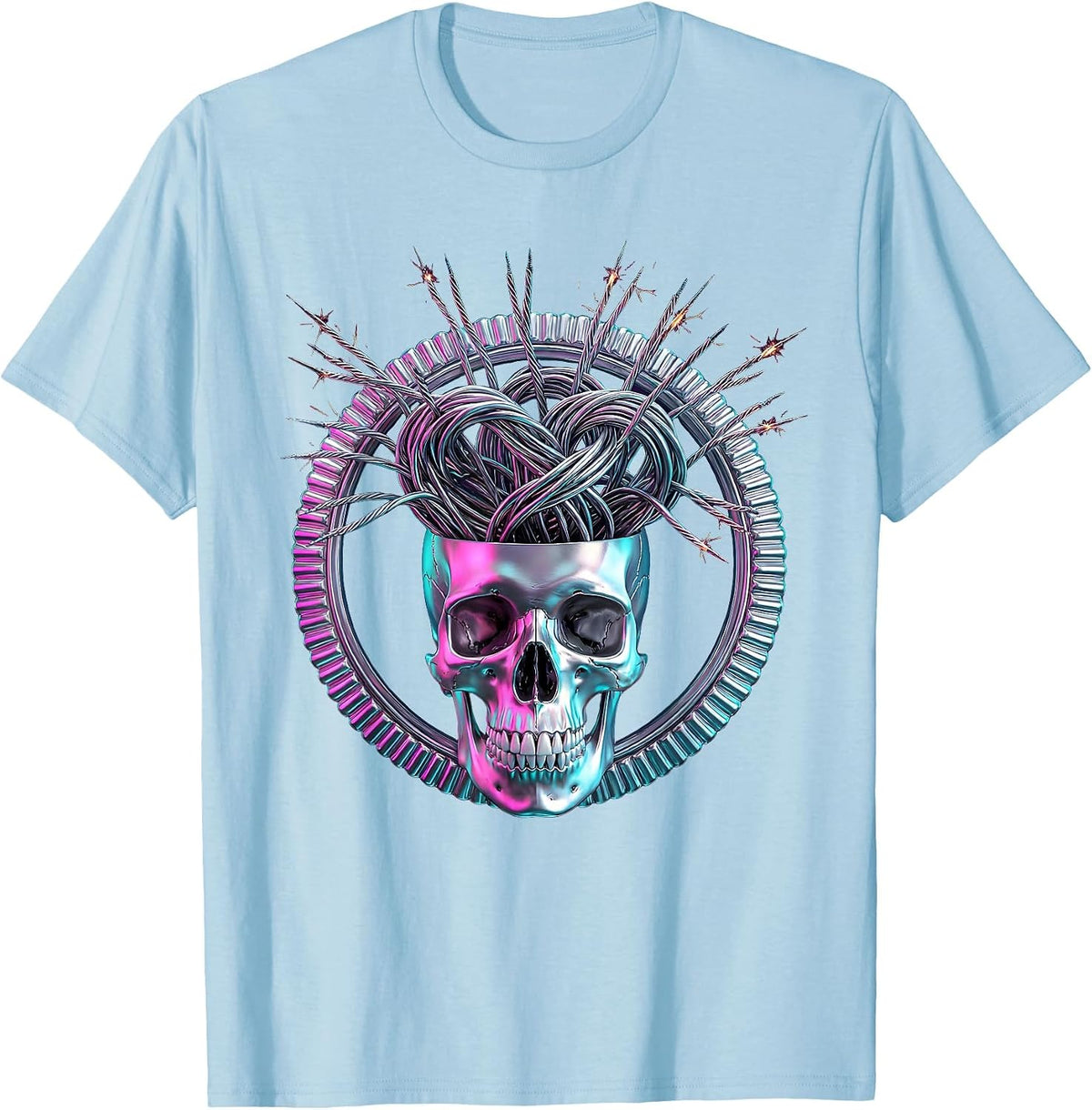 Overstimulated Skull Sparking Wires Graphic Design T-Shirt - Baby Blue