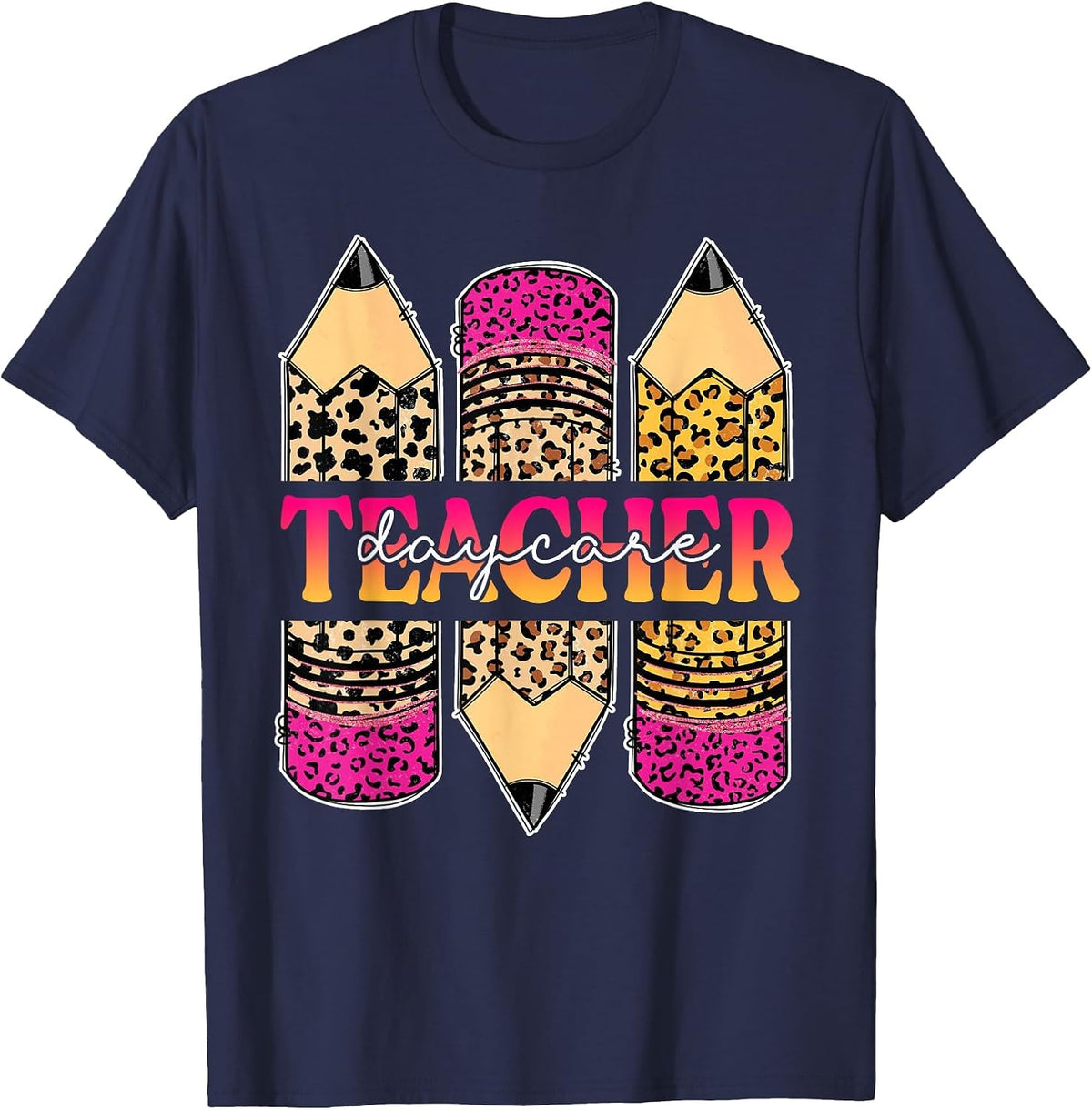 Leopard Pencil Daycare Teacher Back to School Teaching T-Shirt - Navy Blue