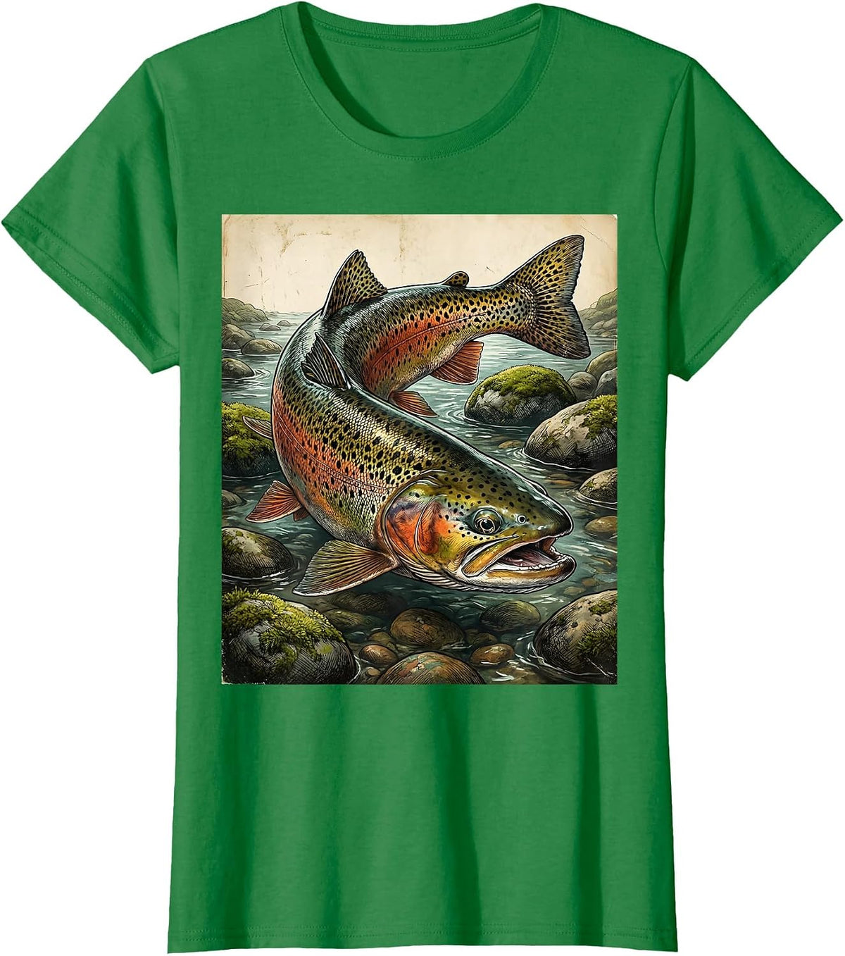 Trout Swimming Mountain Stream Fishing Illustration T-Shirt - Kelly Green