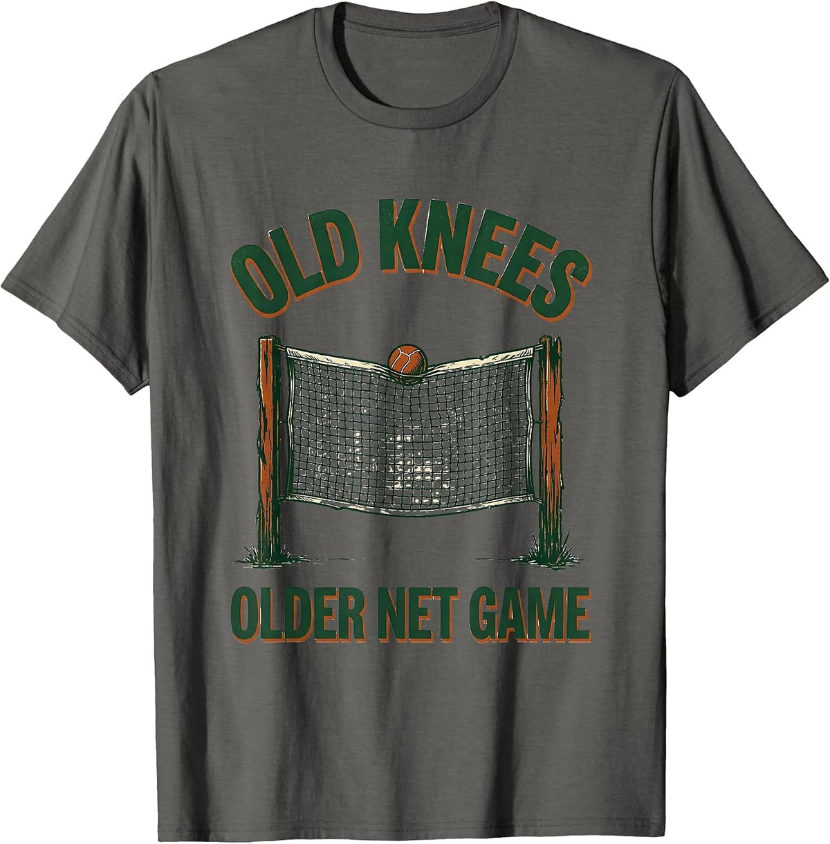 Old Knees, Older Net Game Vintage Tennis Player Pun Humor T-Shirt - Asphalt Grey