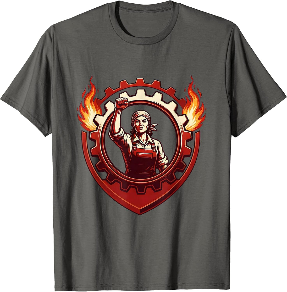 Rosie The Riveter Silhouette Gear and Flames T-Shirt - Asphalt Grey