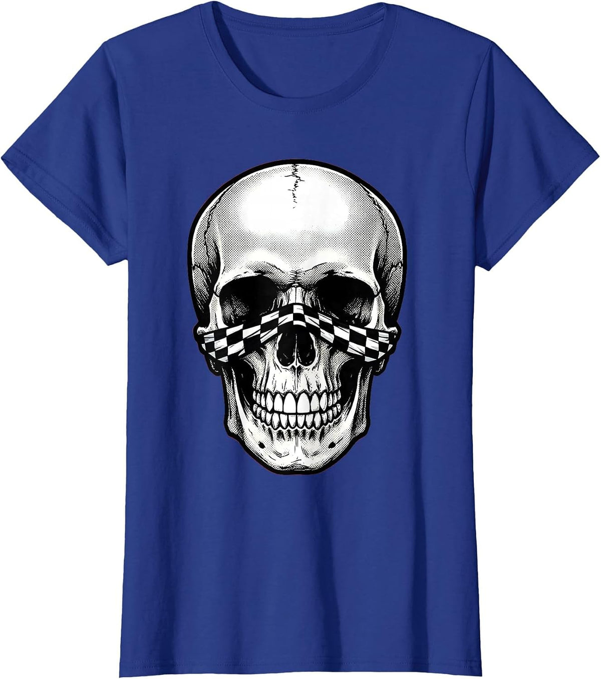 Women's Skull Checkered Bandana Graphic Design T-Shirt - Royal Blue