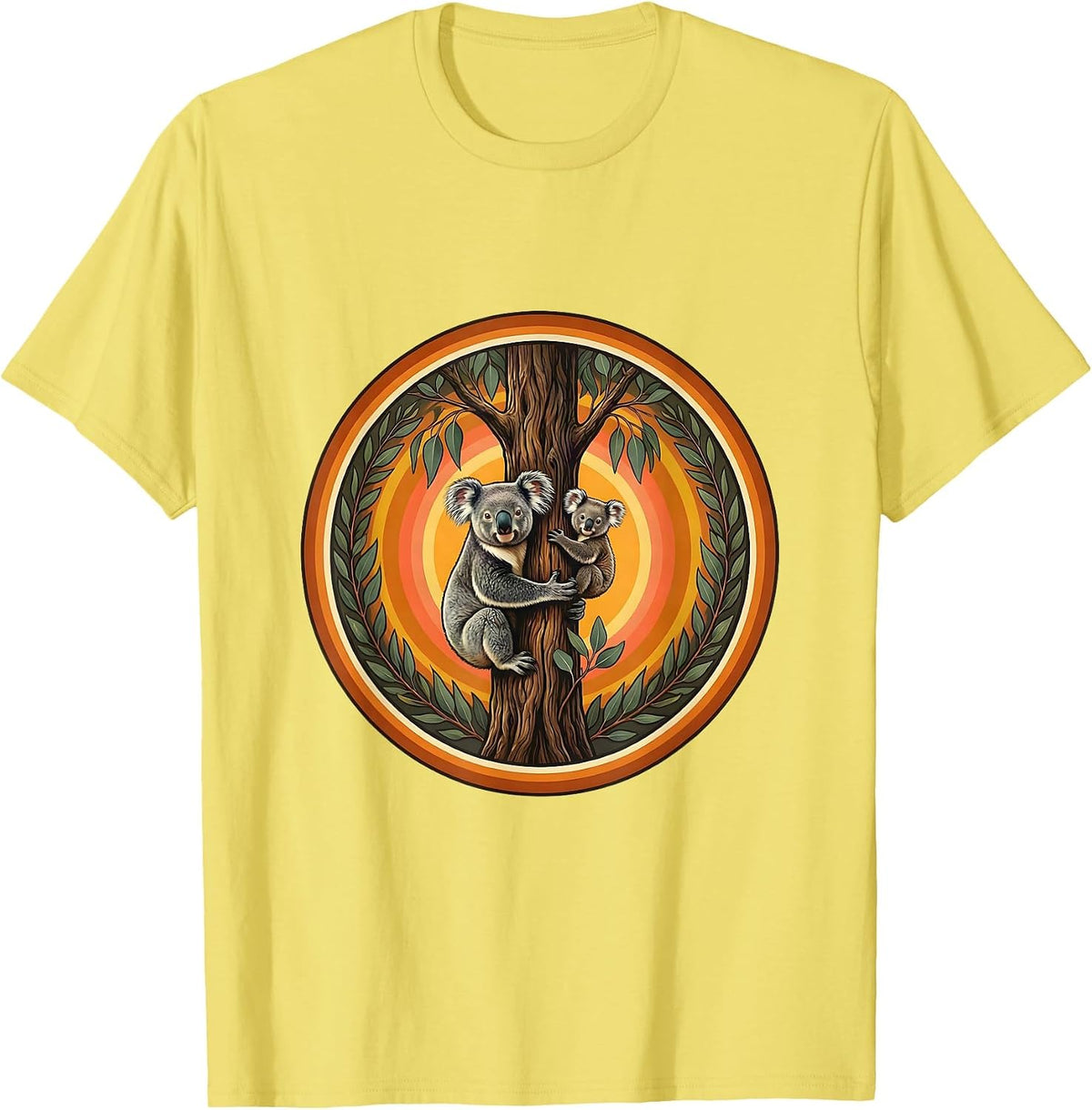 Men's Mama Koala and Baby Clinging to Tree Design T-Shirt - Lemon Yellow