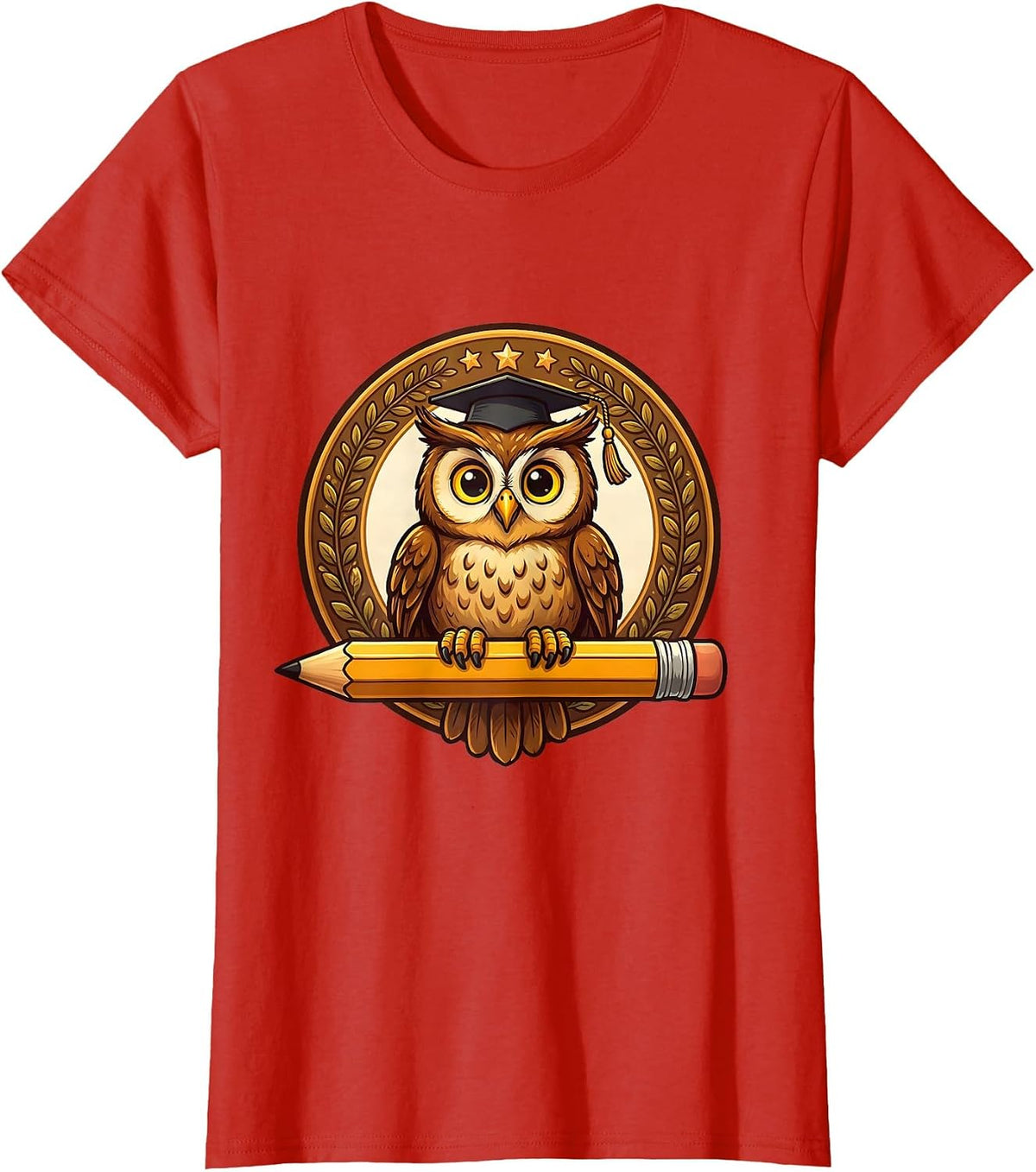 Women's First Grade Teacher Owl Graduation Cap Pencil T-Shirt - Red