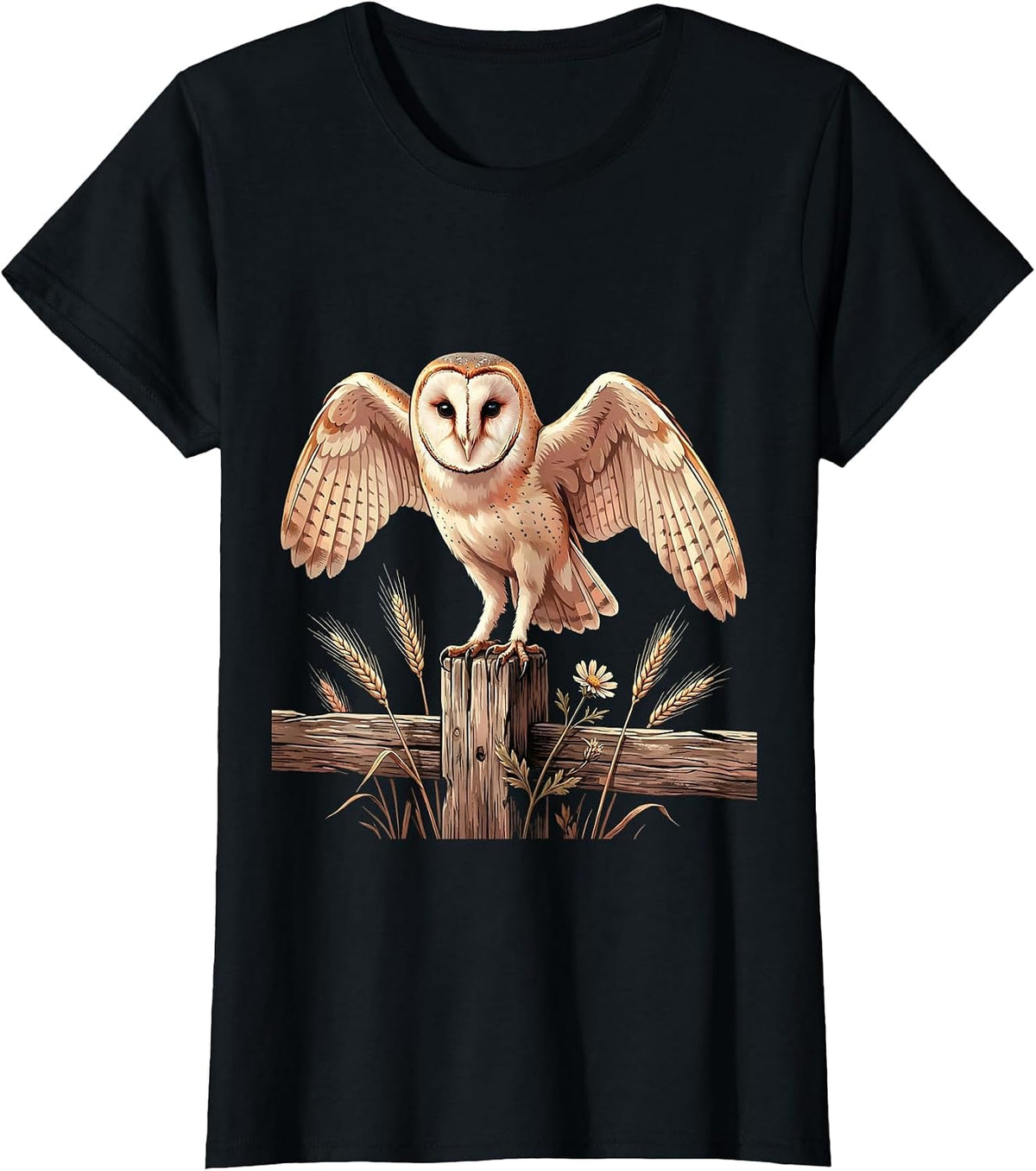 Women's Barn Owl Perched on Fence Post Illustration T-Shirt - Black