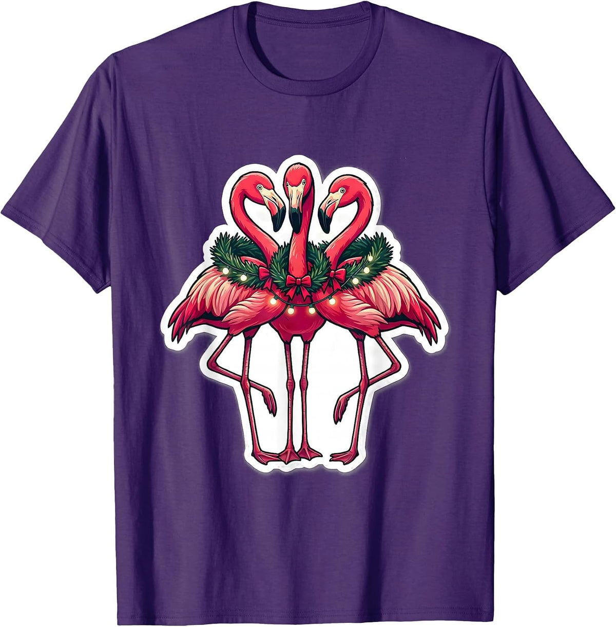 Men's Pink Flamingo Cluster Holiday Novelty Sticker Style T-Shirt - Purple