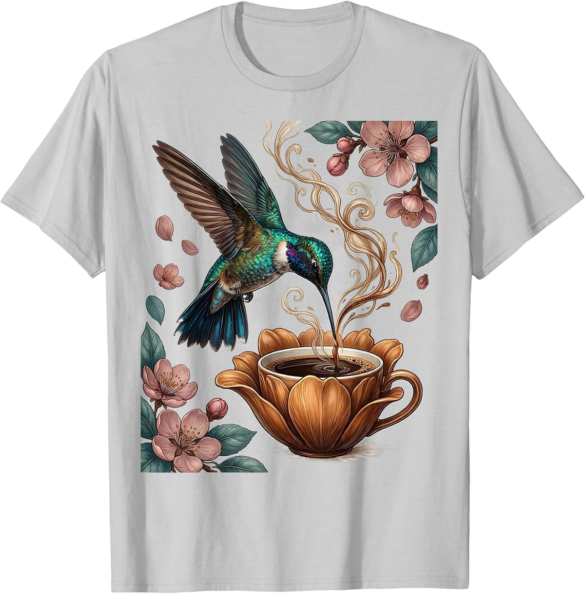 Men's Hummingbird Espresso Cup Flower Coffee Lover Design T-Shirt - Silver Grey