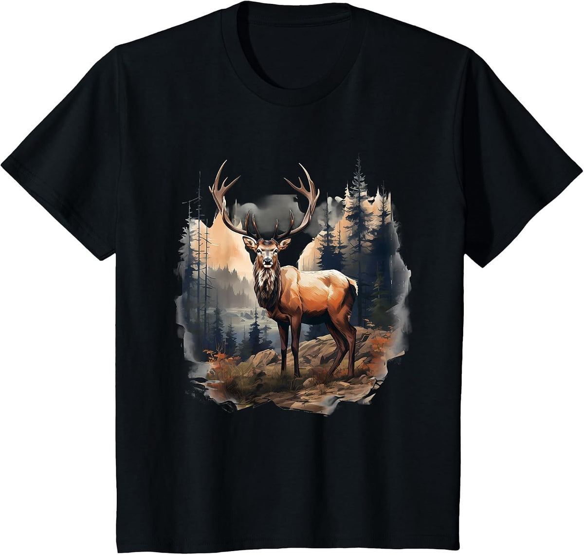 Deer Forest Landscape Wildlife Artwork Nature Animal Lovers T-Shirt - Black