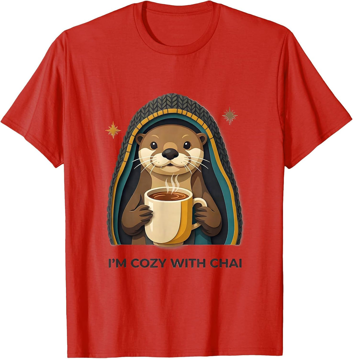 Men's I'm Cozy With Chai Cute Kawaii Chibi Otter Winter Gift T-Shirt - Red