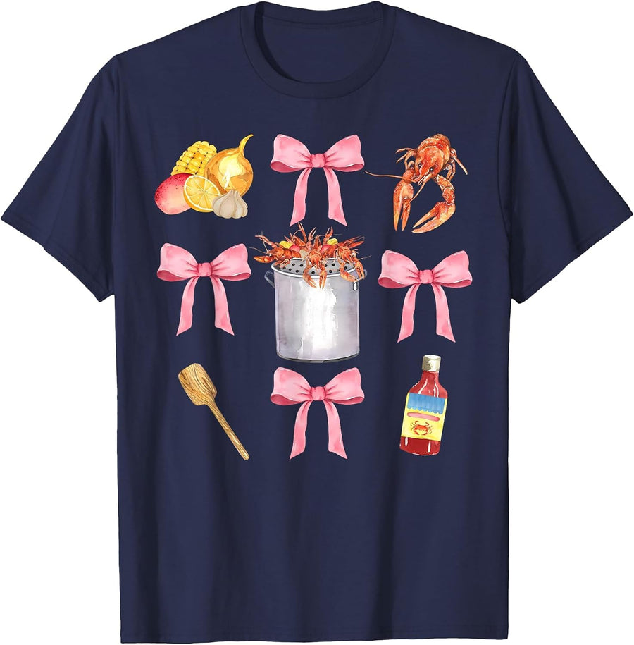 Pink Bow Cute Coquette Crawfish Clean Girl Aesthetic T-Shirt - Navy Blue