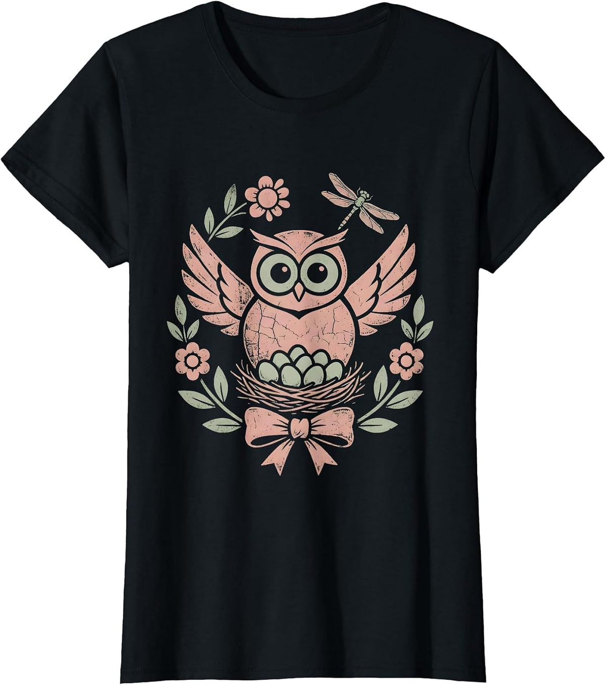 Women's Mother Owl Watching Over Nest at Night T-Shirt - Black