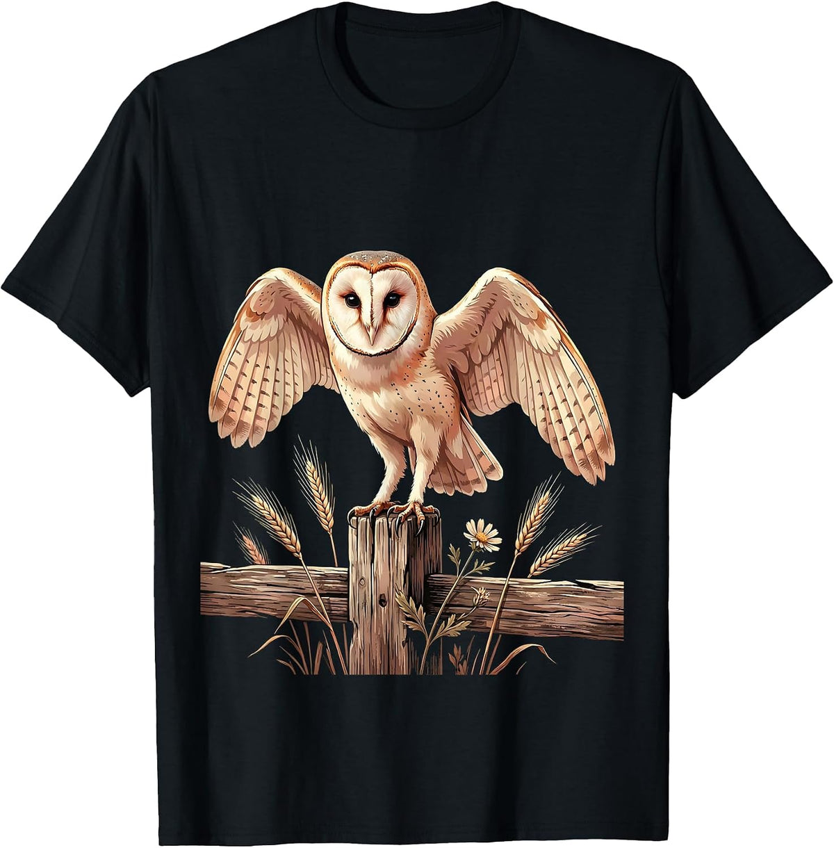 Men's Barn Owl Perched on Fence Post Illustration T-Shirt - Black