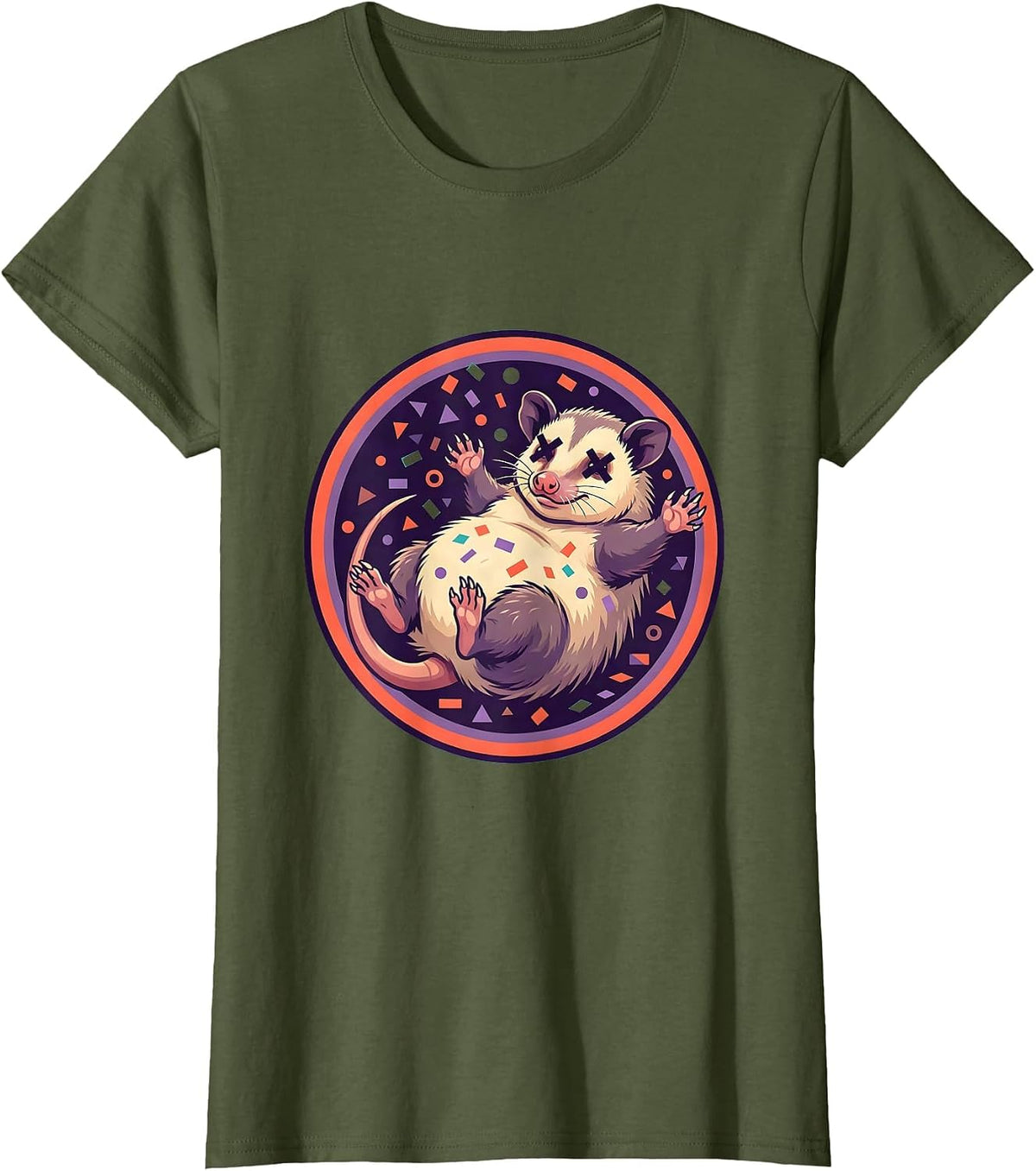 Women's Opossum Playing Dead Party Confetti Graphic T-Shirt - Olive Green