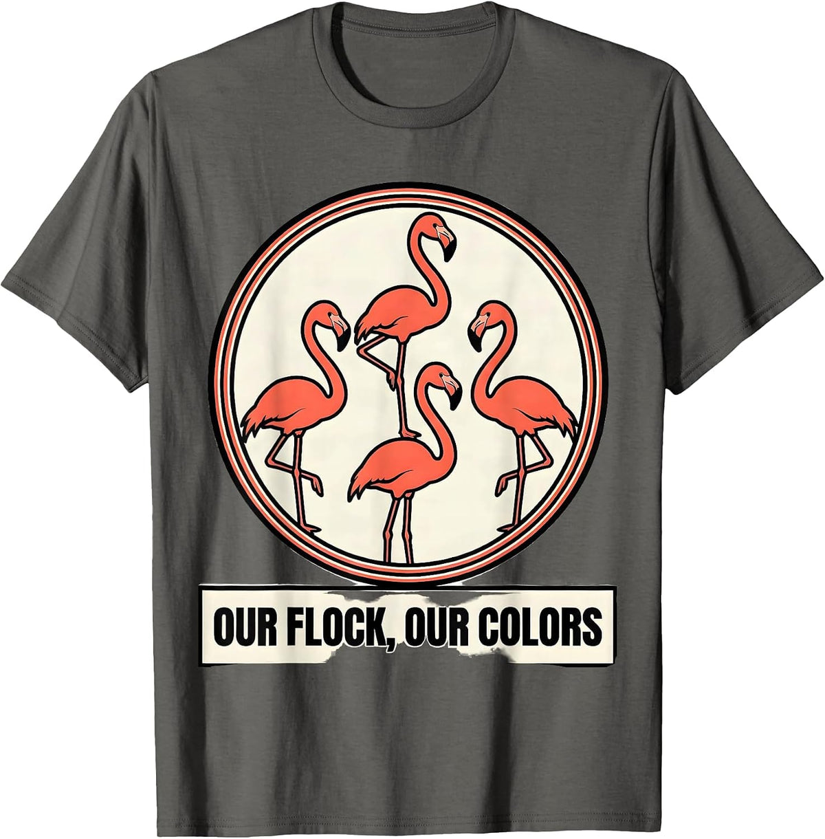 Our Flock Our Colors Funny Flamingo Novelty Bird Lover Gift T-Shirt - Asphalt Grey
