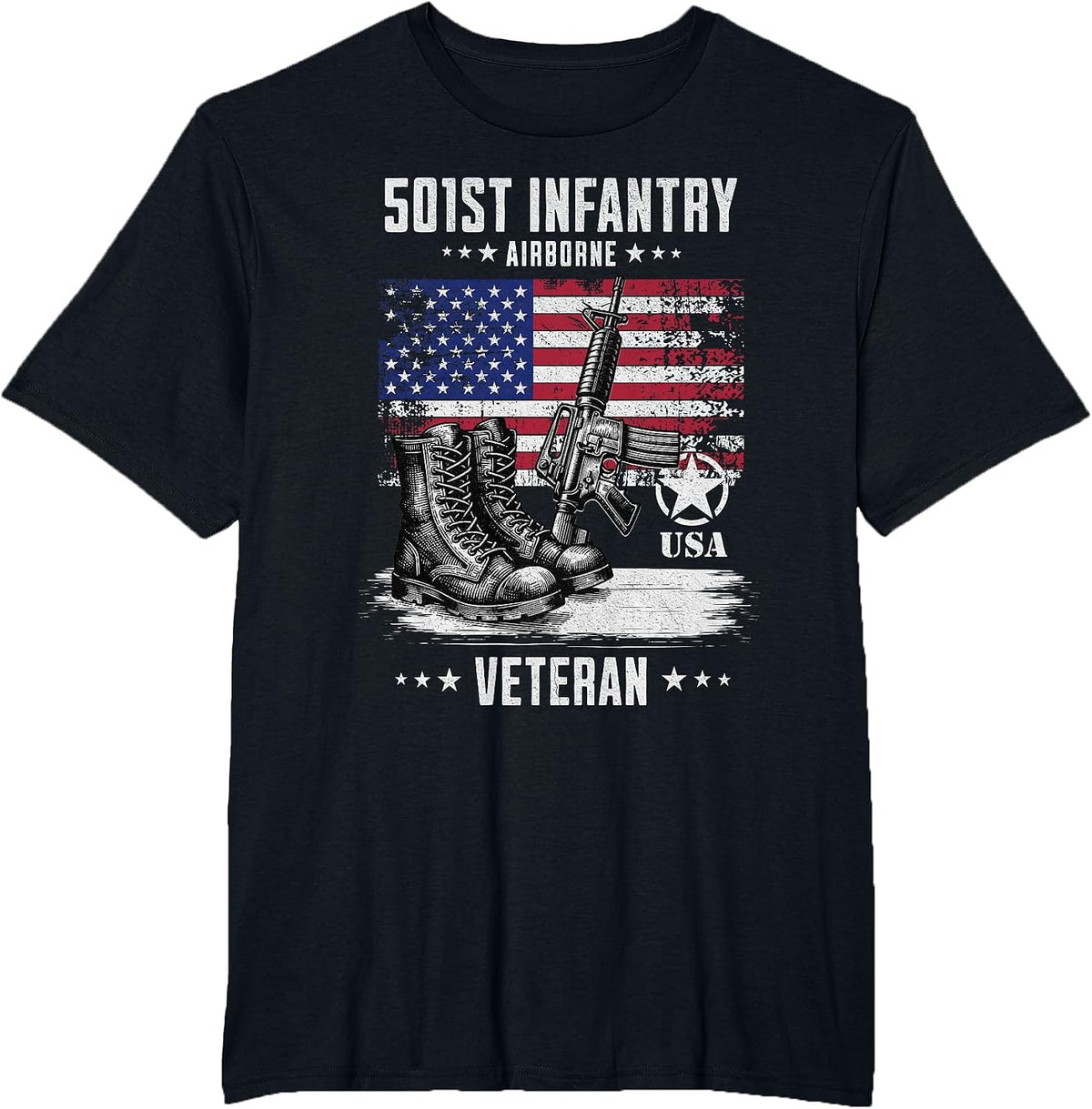 501st Infantry 82nd Airborne Military Veteran Distressed T-Shirt - Black