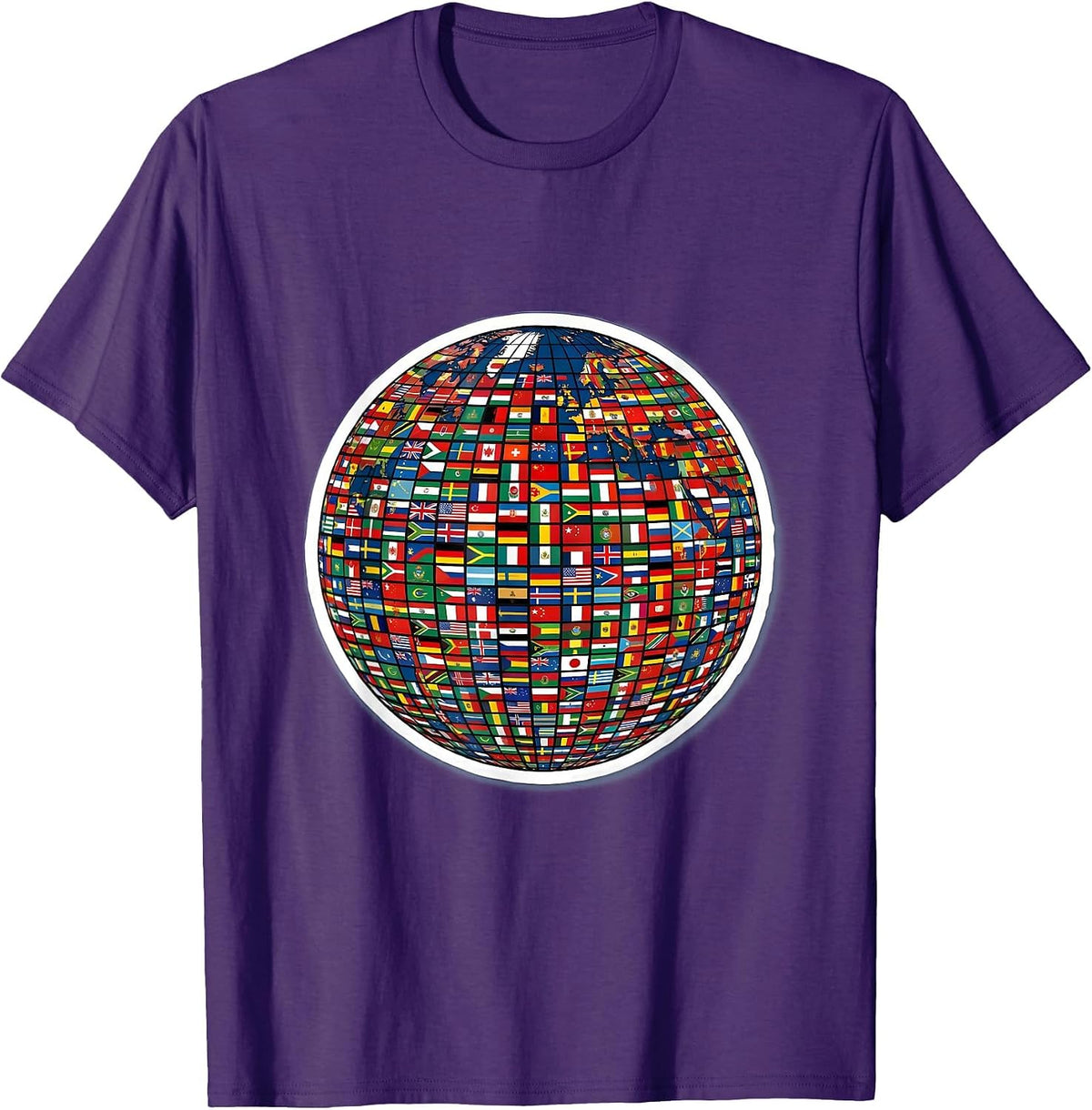 Men's Global Flags Unity Sticker-Style Geography Lover T-Shirt - Purple