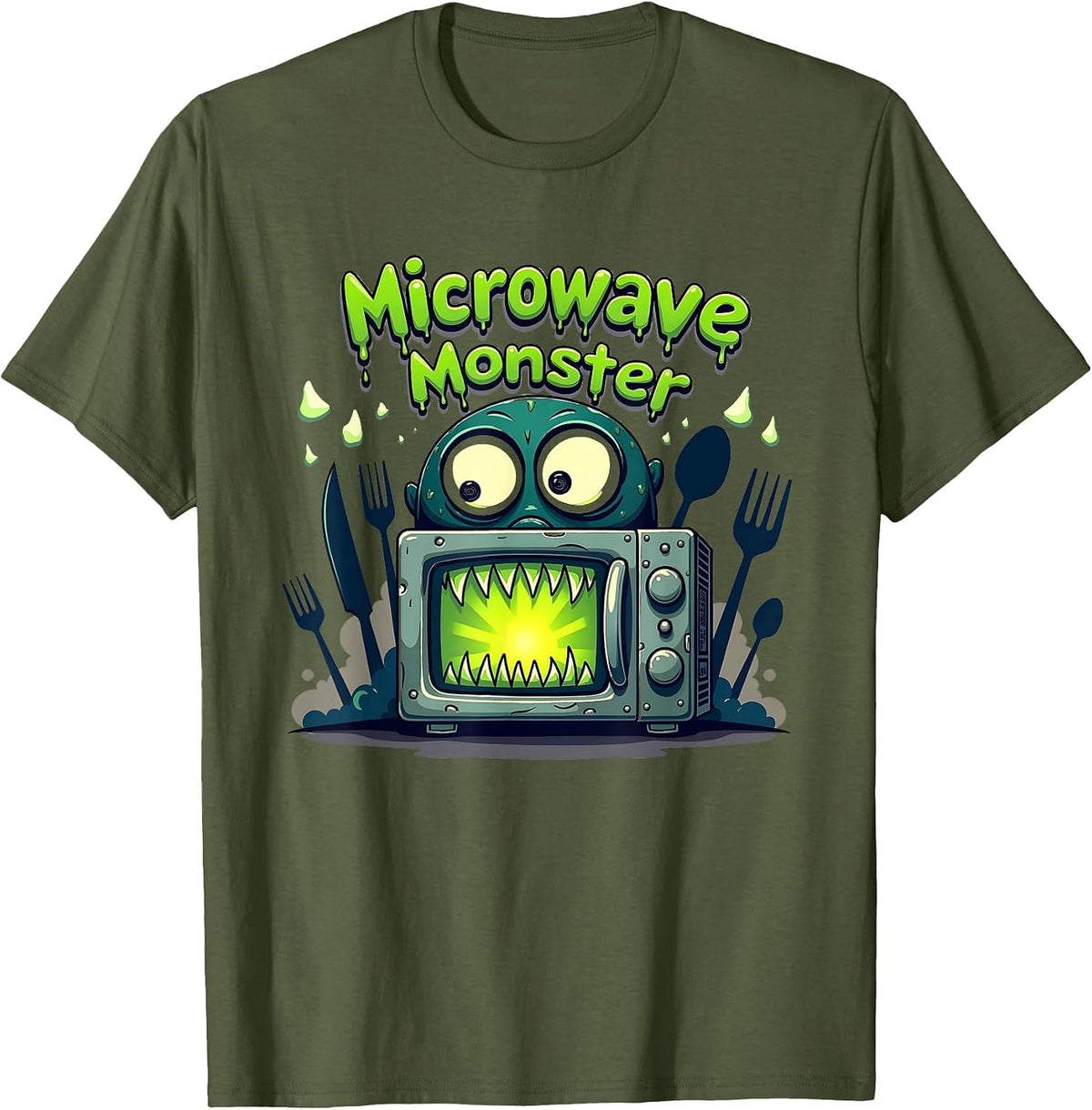 Halloween Food & Cooking Microwave Monster Funny T-Shirt - Olive Green