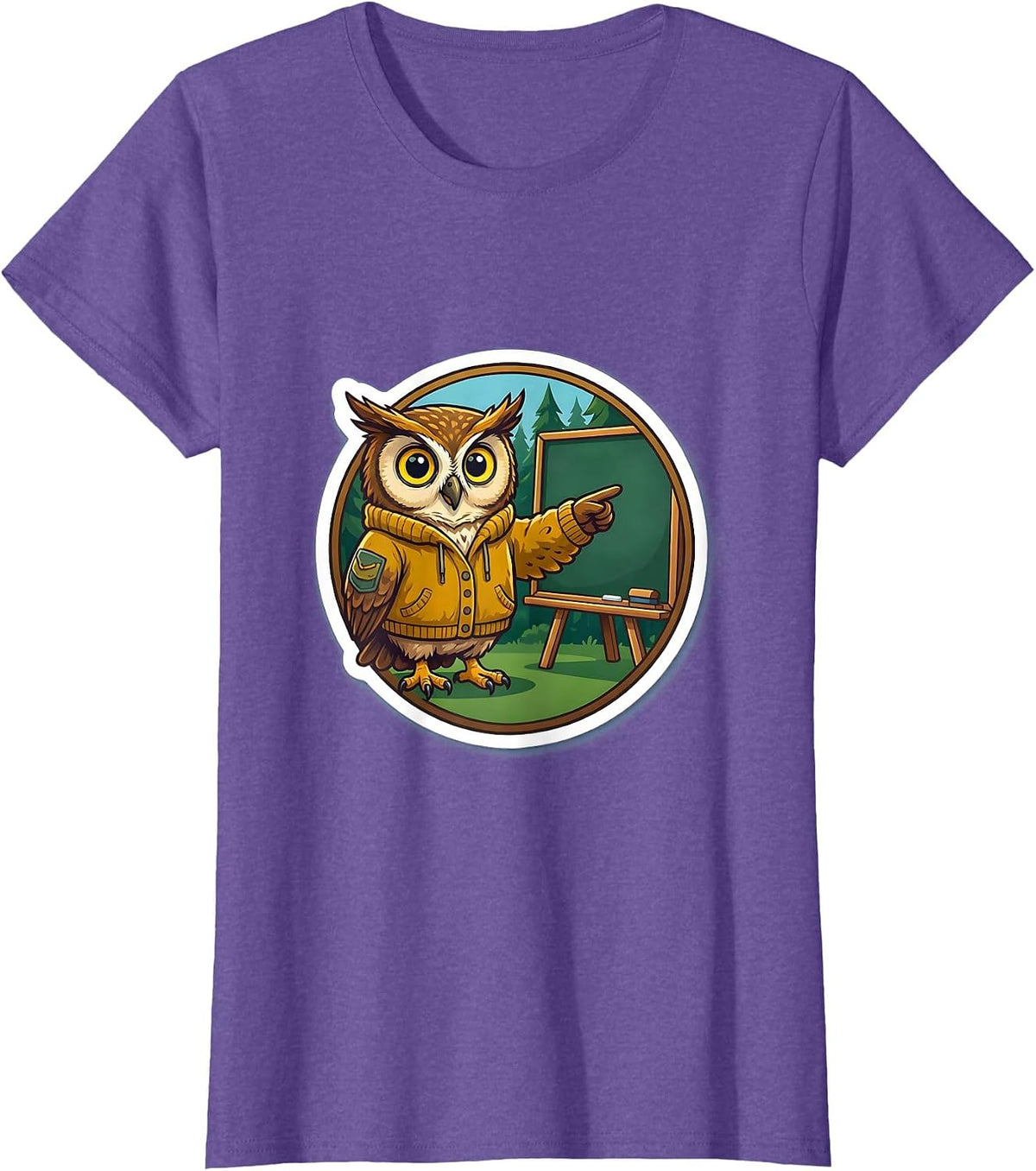 Women's Funny Teacher Owl in Cardigan Chalkboard Gift T-Shirt - Purple Heather