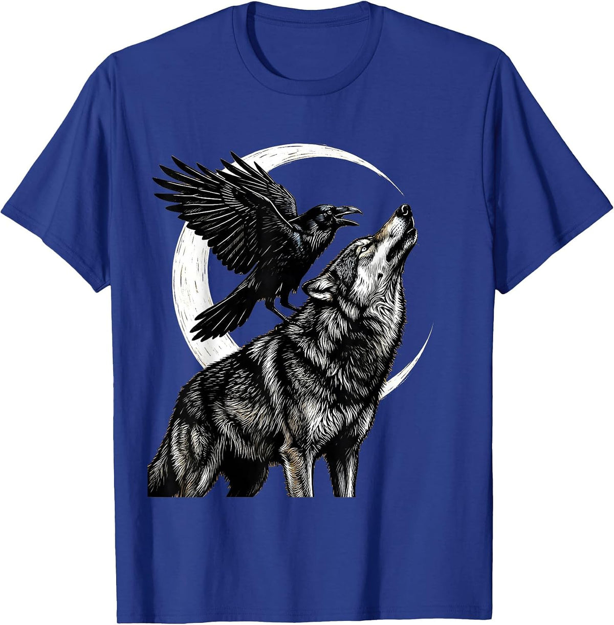 Crow and Wolf Howling Together Wildlife Art T-Shirt - Royal Blue