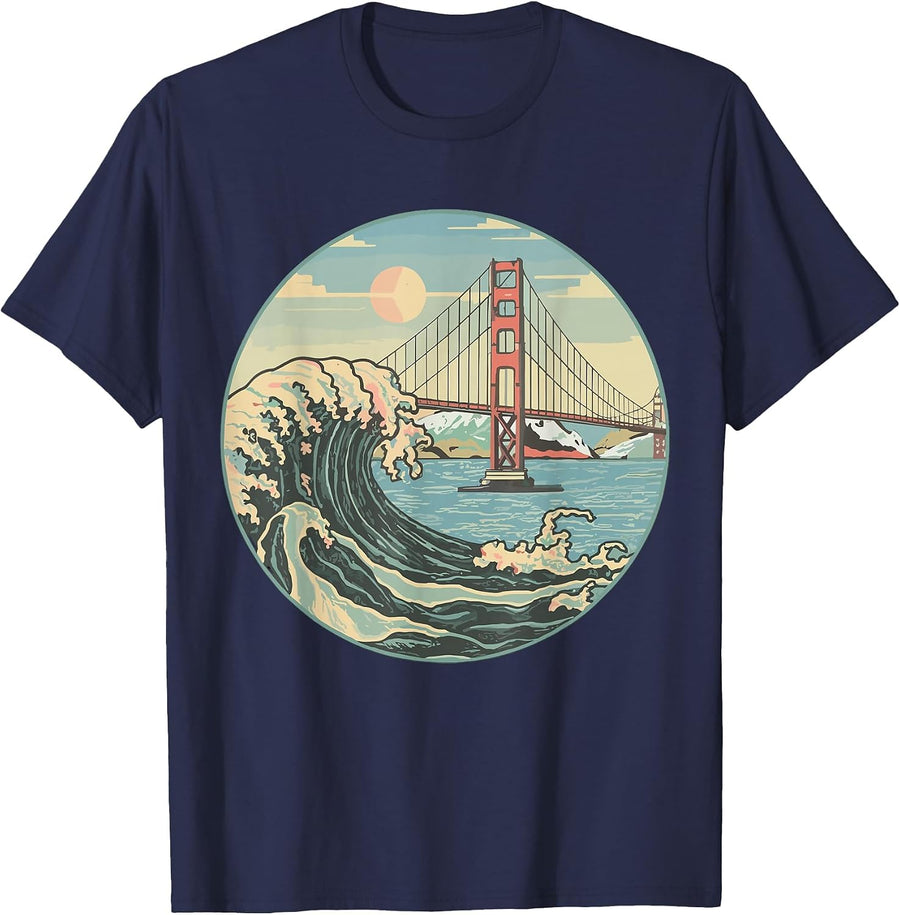 Retro Japanese Big Wave in California Golden Gate Bridge T-Shirt - Navy Blue