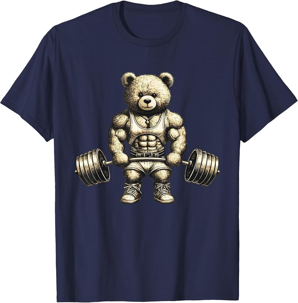 Funny Teddy Bear Lifting Weights Gym Workout Animal Shirts T-Shirt - Navy Blue