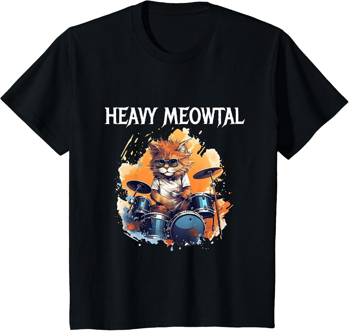 Heavy Metal Cat Drummer Cat Playing Drum Meowtal T-Shirt - Black
