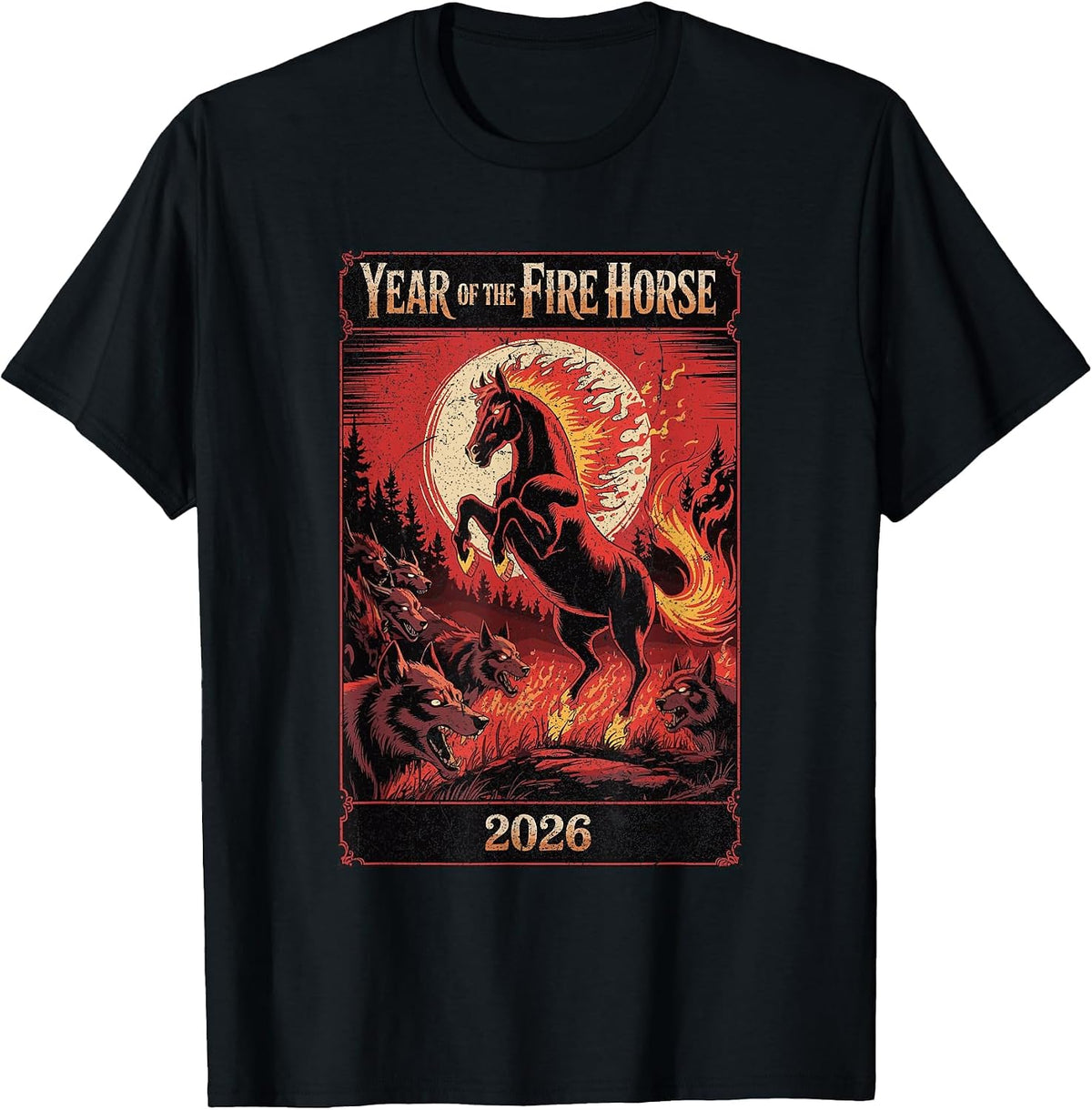 Year of the Fire Horse 2026 Zodiac Art T-Shirt - Black