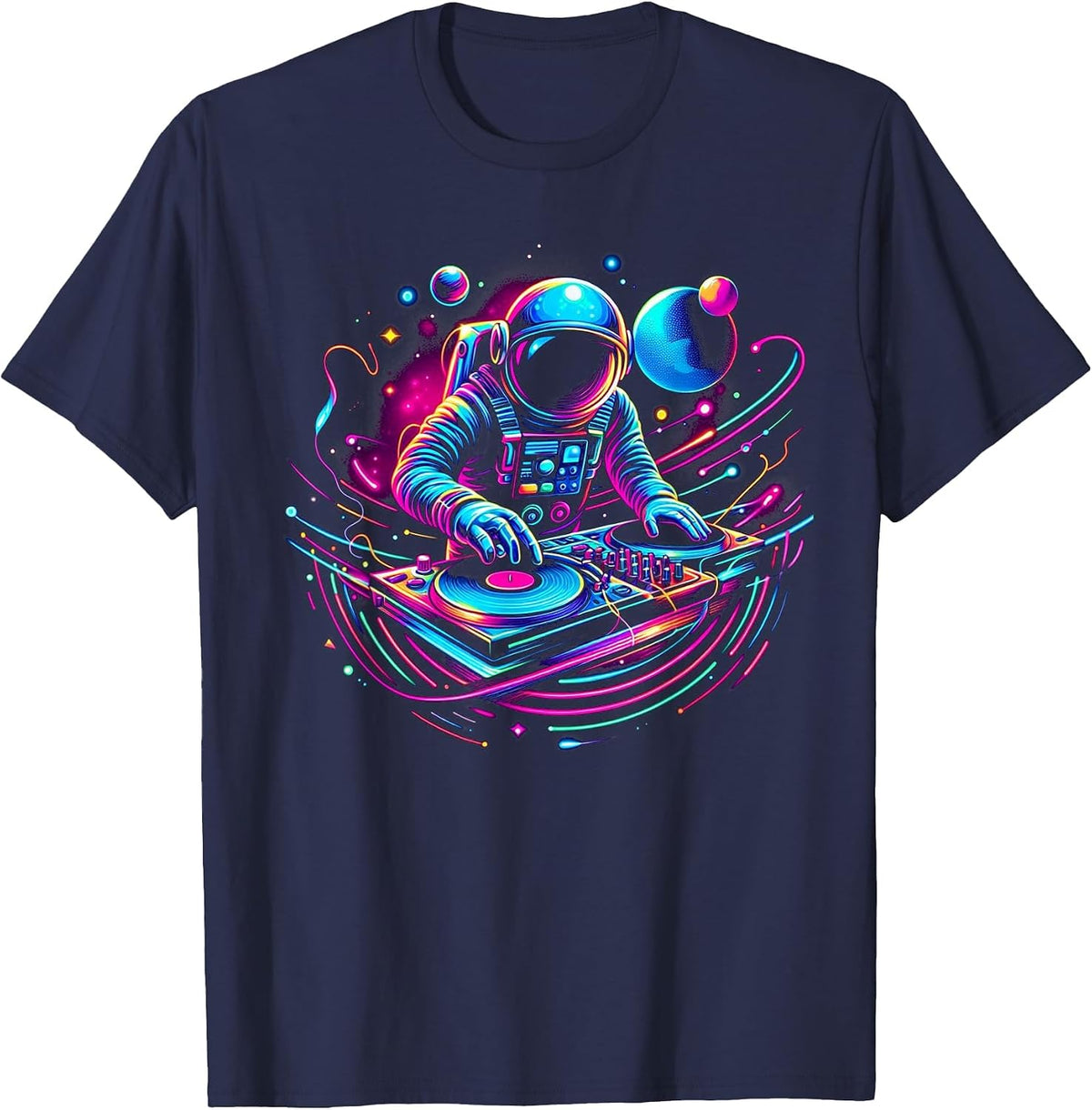 Astronaut DJ, DJing in Space, Music Lover Cool Graphic T-Shirt - Navy Blue