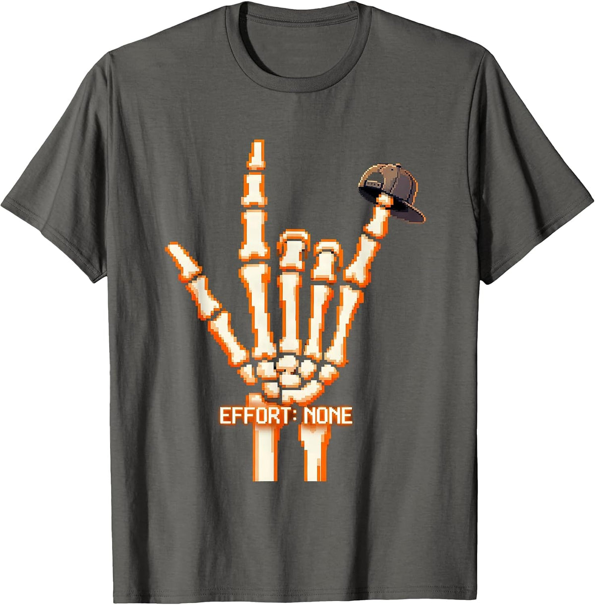 Men's Effort: None Pixel Art Skeleton Rock On Halloween Humor T-Shirt - Asphalt Grey