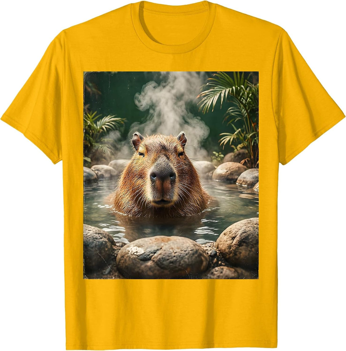 Capybara Hot Spring Soak Relaxing Illustration T-Shirt - Golden Yellow