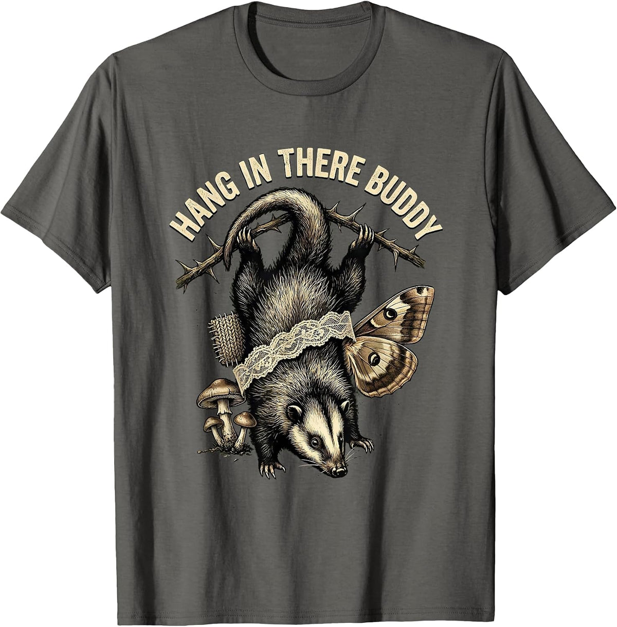 Hang In There Buddy Funny Opossum Design T-Shirt - Asphalt Grey