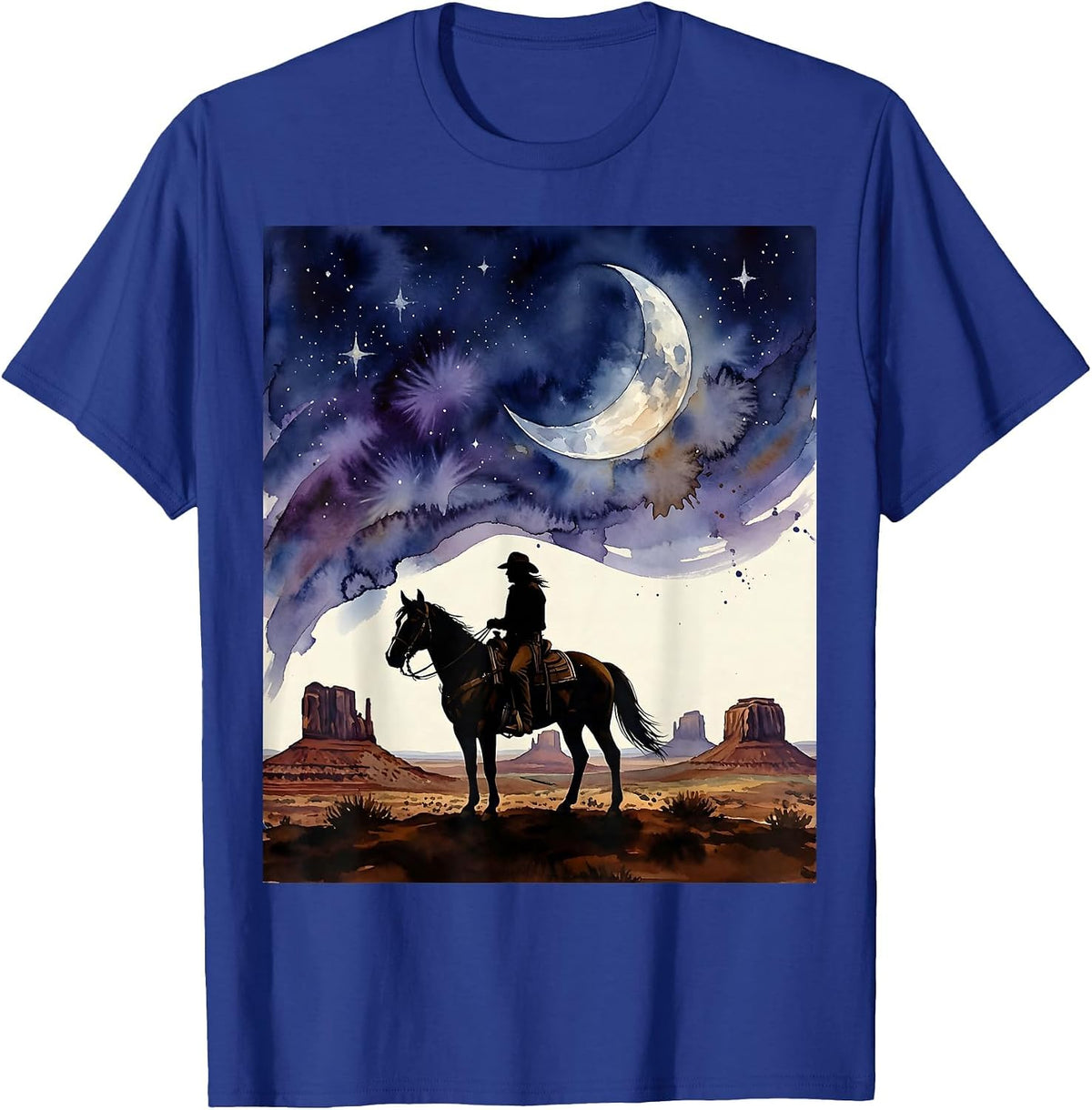 Lone Cowboy Riding Under a Star-Filled Sky T-Shirt - Royal Blue