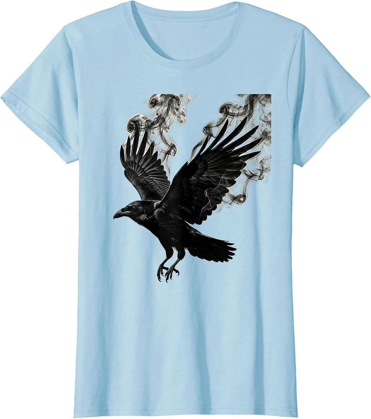 Women's Raven With Smoke Curling From Wings Art T-Shirt - Baby Blue