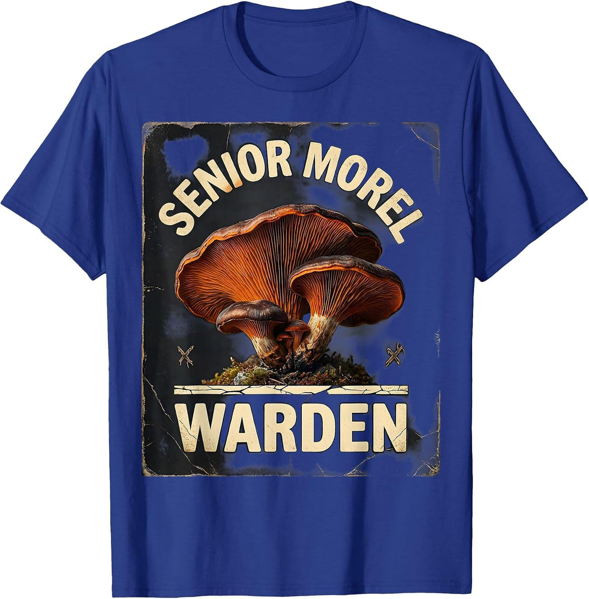 Men's Senior Morel Warden Distressed Mushroom Forager Mycology T-Shirt - Royal Blue