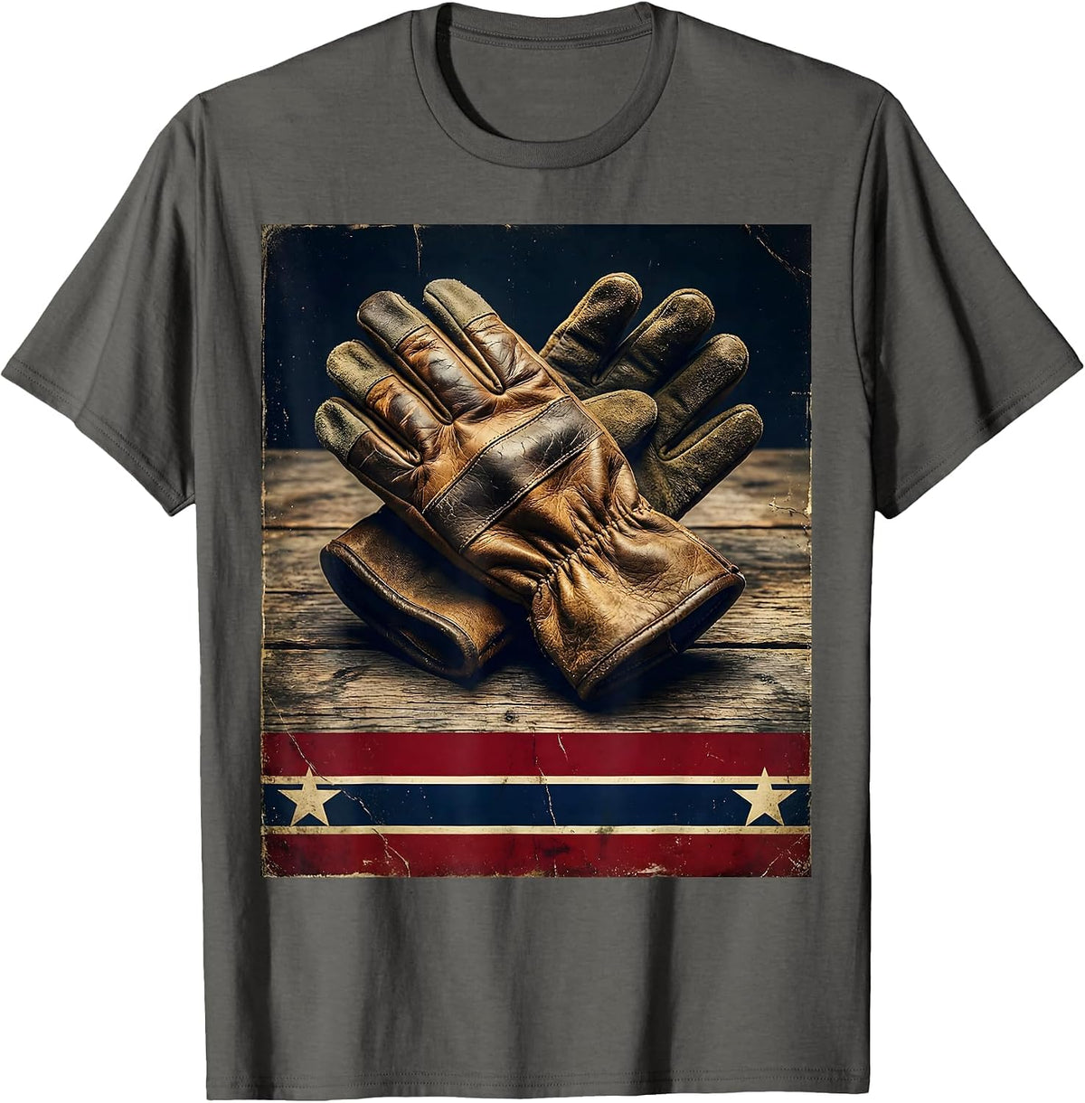Labor Day Worn Leather Work Gloves on Wood T-Shirt - Asphalt Grey