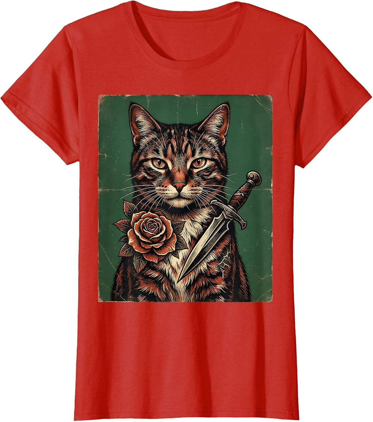 Tattooed Cat with Rose and Dagger Graphic T-Shirt - Red