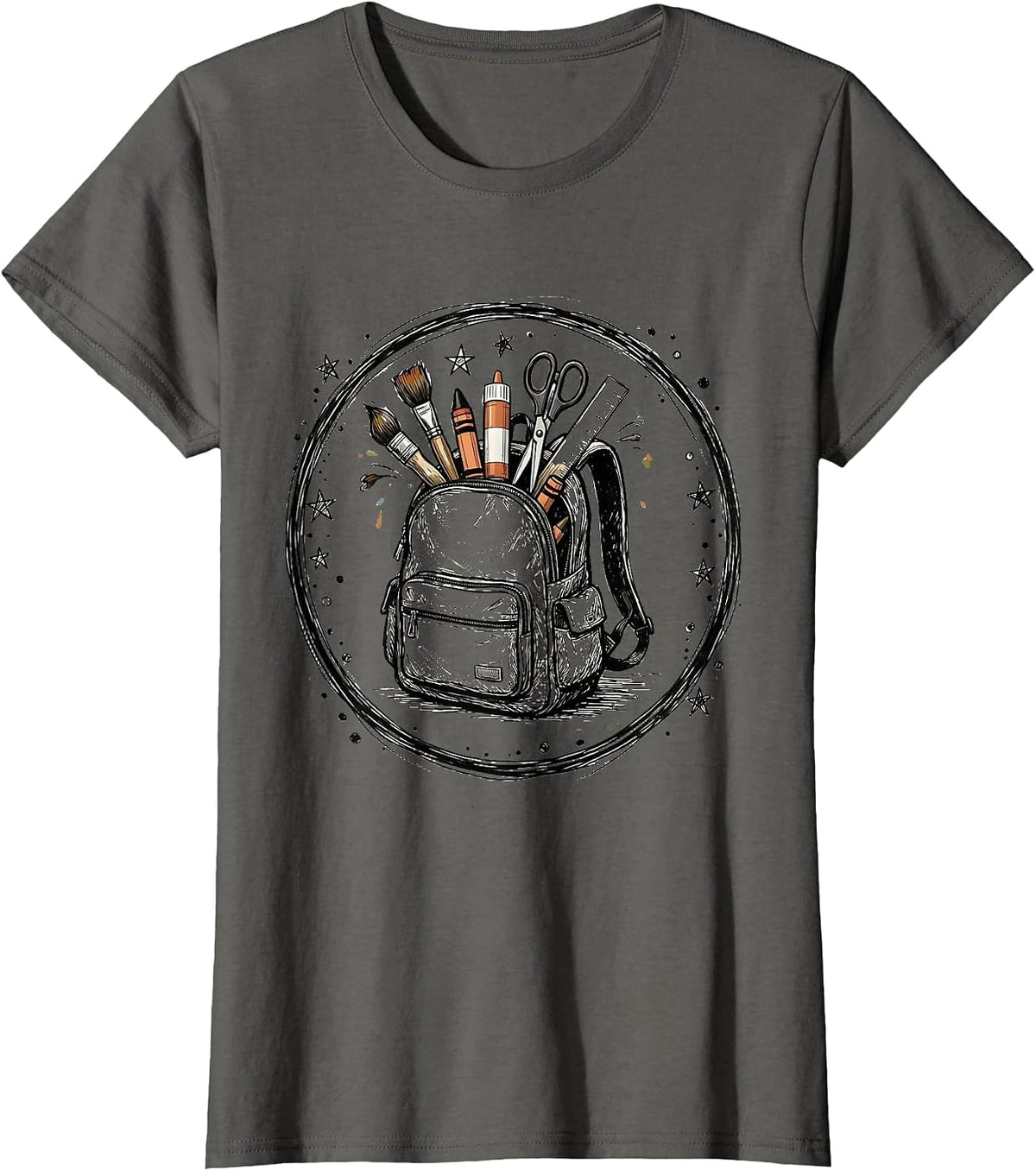Women's Preschool Teacher Art Supply Backpack Graphic T-Shirt - Asphalt Grey
