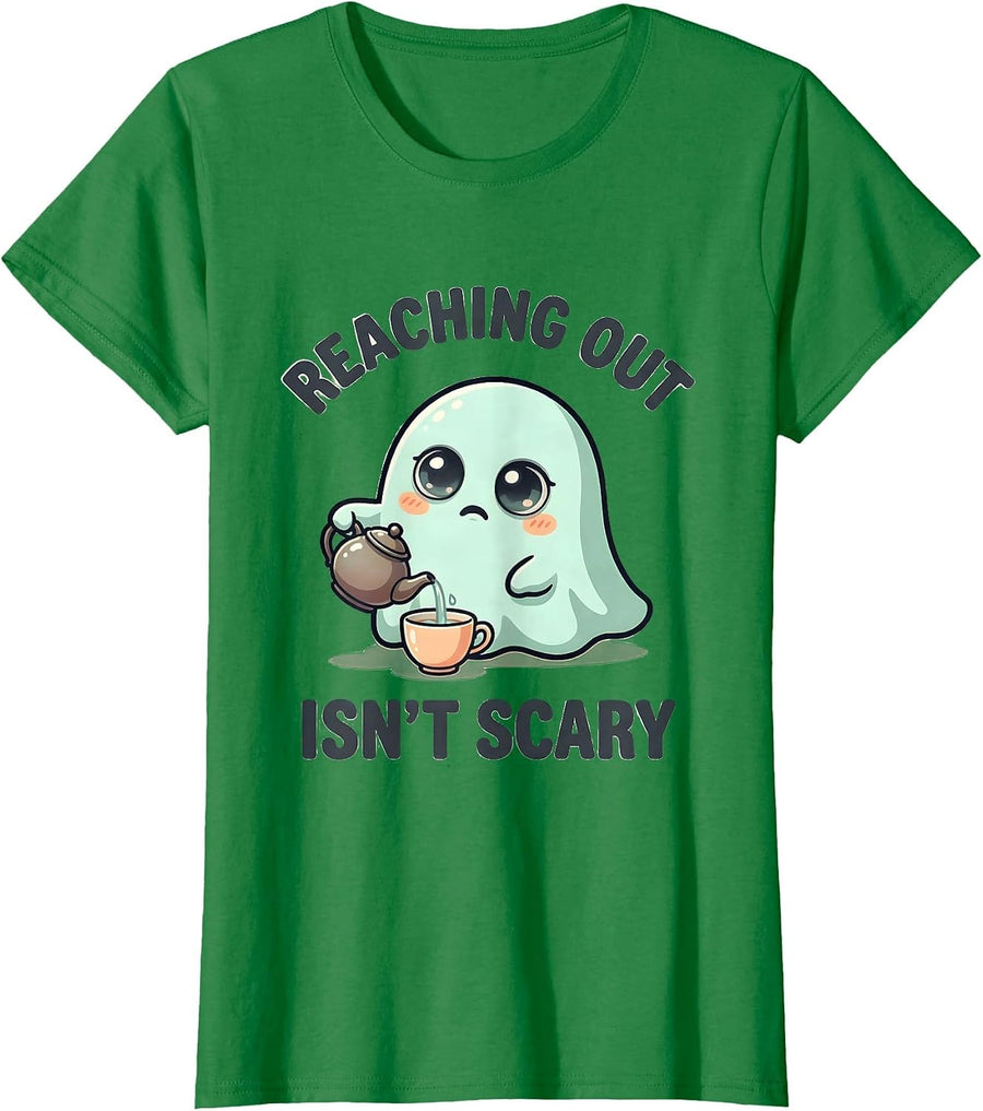 Women's Reaching Out Isn't Scary Cute Kawaii Ghost Halloween Mental T-Shirt - Kelly Green