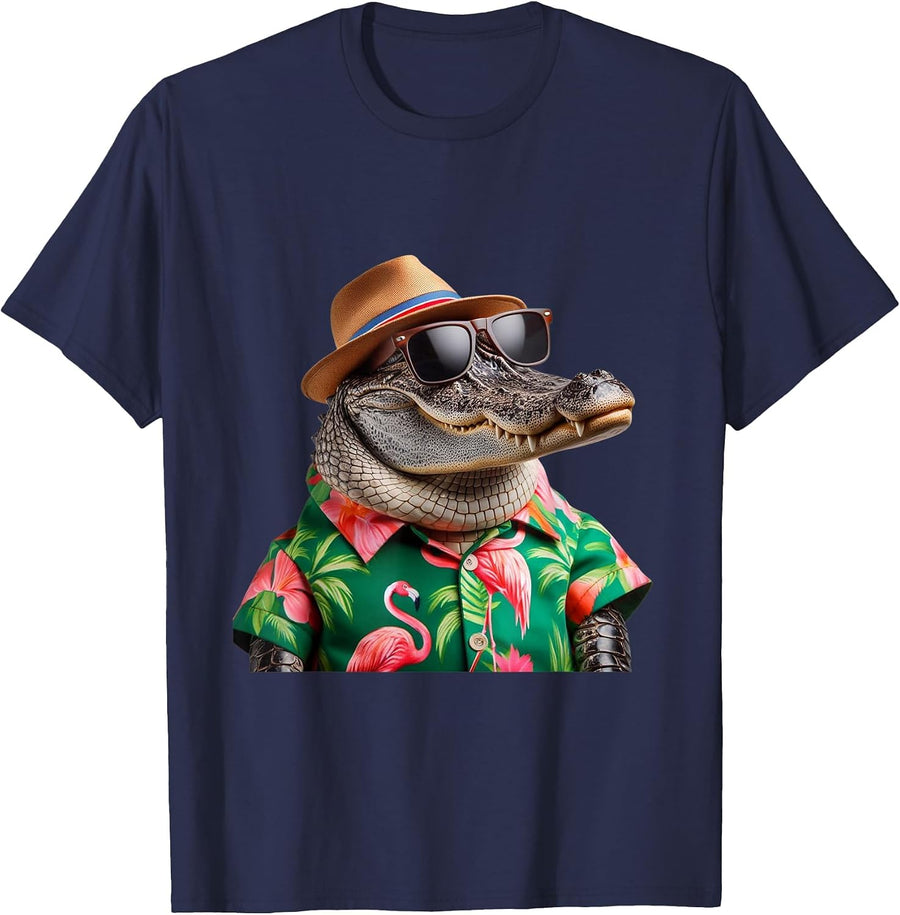 Florida Alligator Hawaiian Shirt Funny Vacation Gator Art T-Shirt - Navy Blue