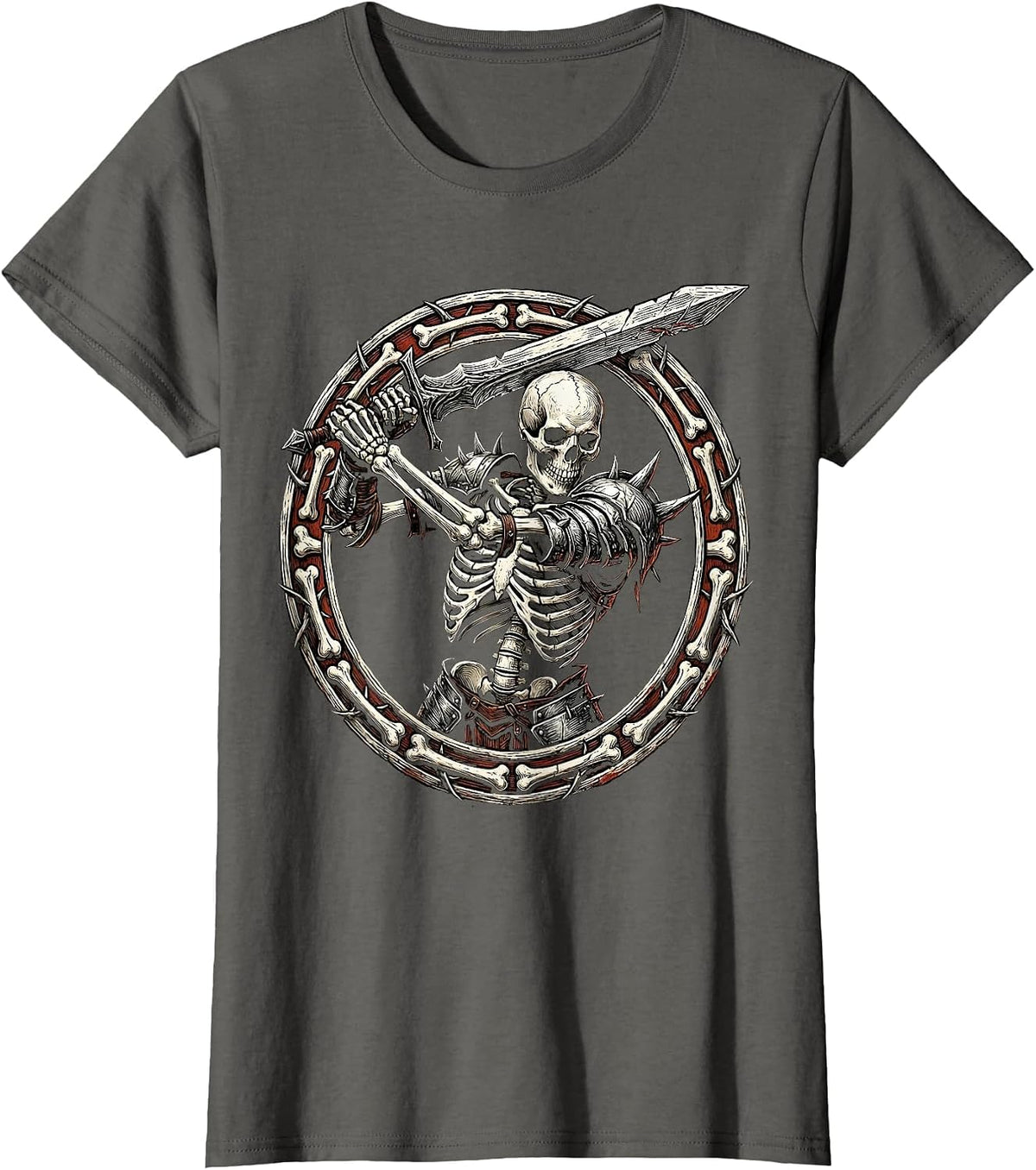 Women's Warrior Skeleton Broadsword Metal Graphic T-Shirt - Asphalt Grey