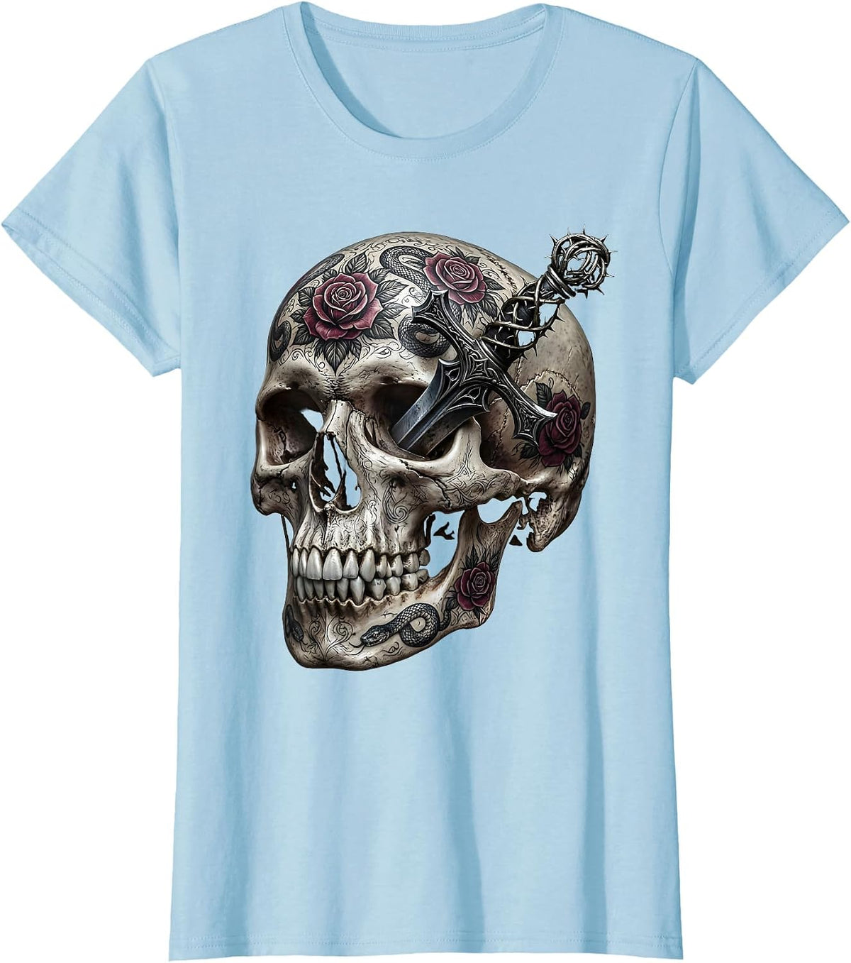 Tattooed Skull Dagger Through Temple Graphic T-Shirt - Baby Blue