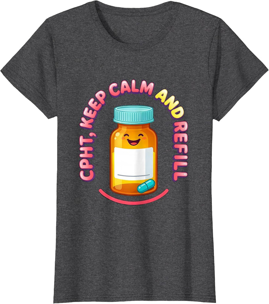 Women's CPhT Keep Calm And Refill Funny Pharmacy Tech Cute Humor T-Shirt - Dark Heather Grey