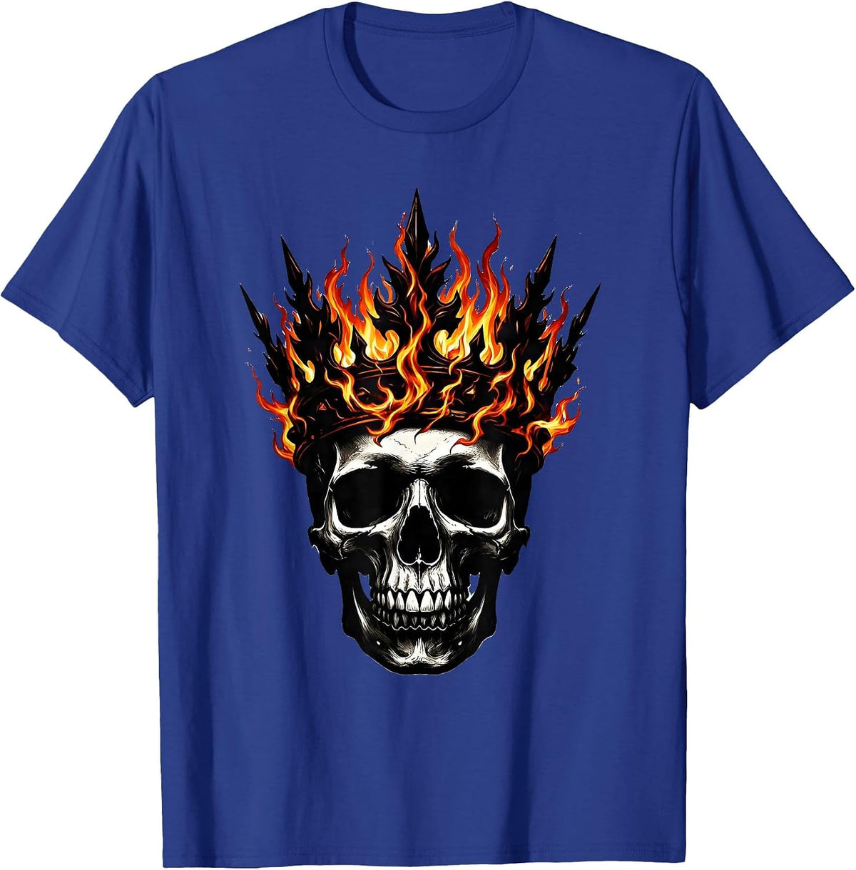 Skull With Burning Crown of Flames Graphic T-Shirt - Royal Blue