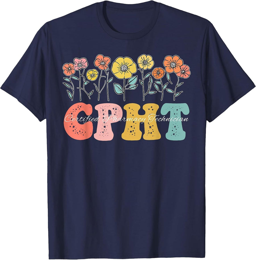 Retro Floral CPHT Certified Pharmacy Technician Pharmacist T-Shirt - Navy Blue