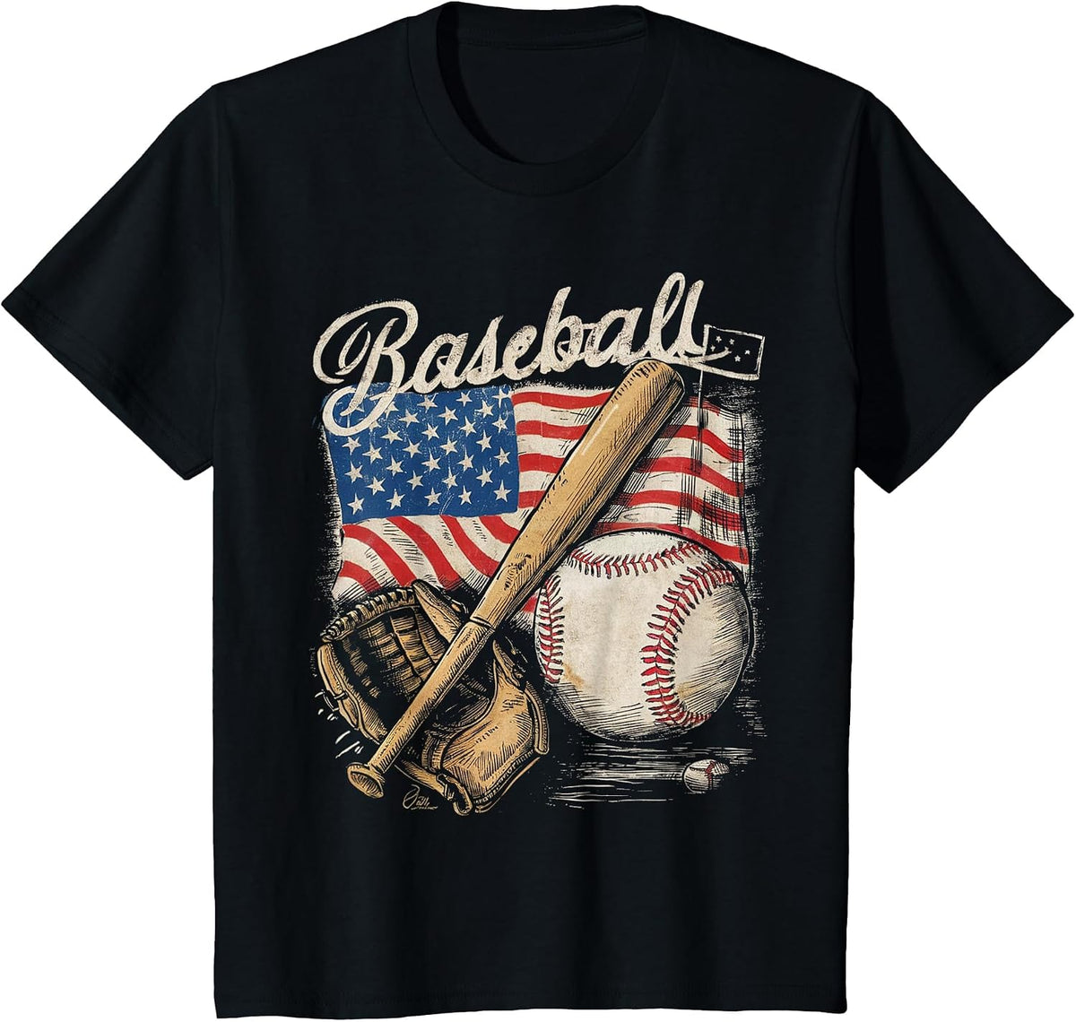 American Flag Baseball Player Bat Fan Catcher Pitcher USA T-Shirt - Black